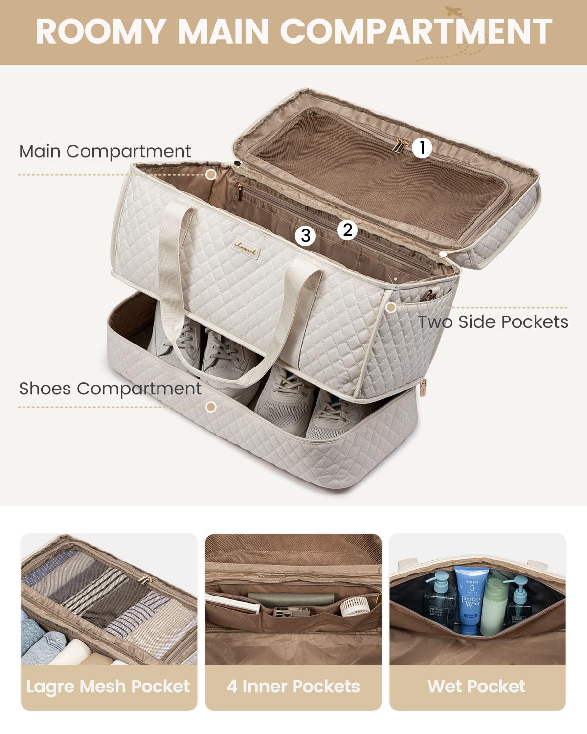 Foto 5 pulgar | Bolsa De Viaje Lovevook Grande Para Mujer, Diseño De Fin De Semana, Color Beige - Venta Internacional.