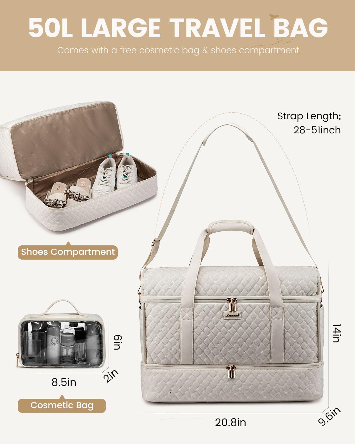 Foto 6 pulgar | Bolsa De Viaje Lovevook Grande Para Mujer, Diseño De Fin De Semana, Color Beige - Venta Internacional.