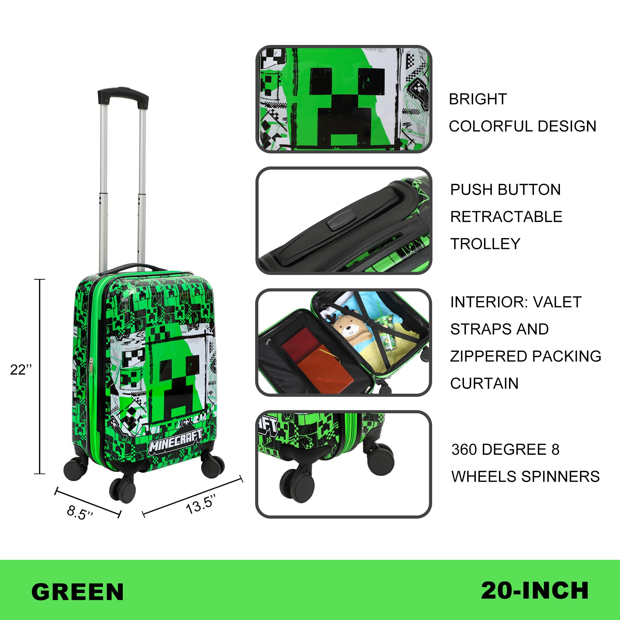 Foto 7 pulgar | Equipaje De Mano Bioworld Minecraft Creeper 50 Cm Con Ruedas - Venta Internacional.
