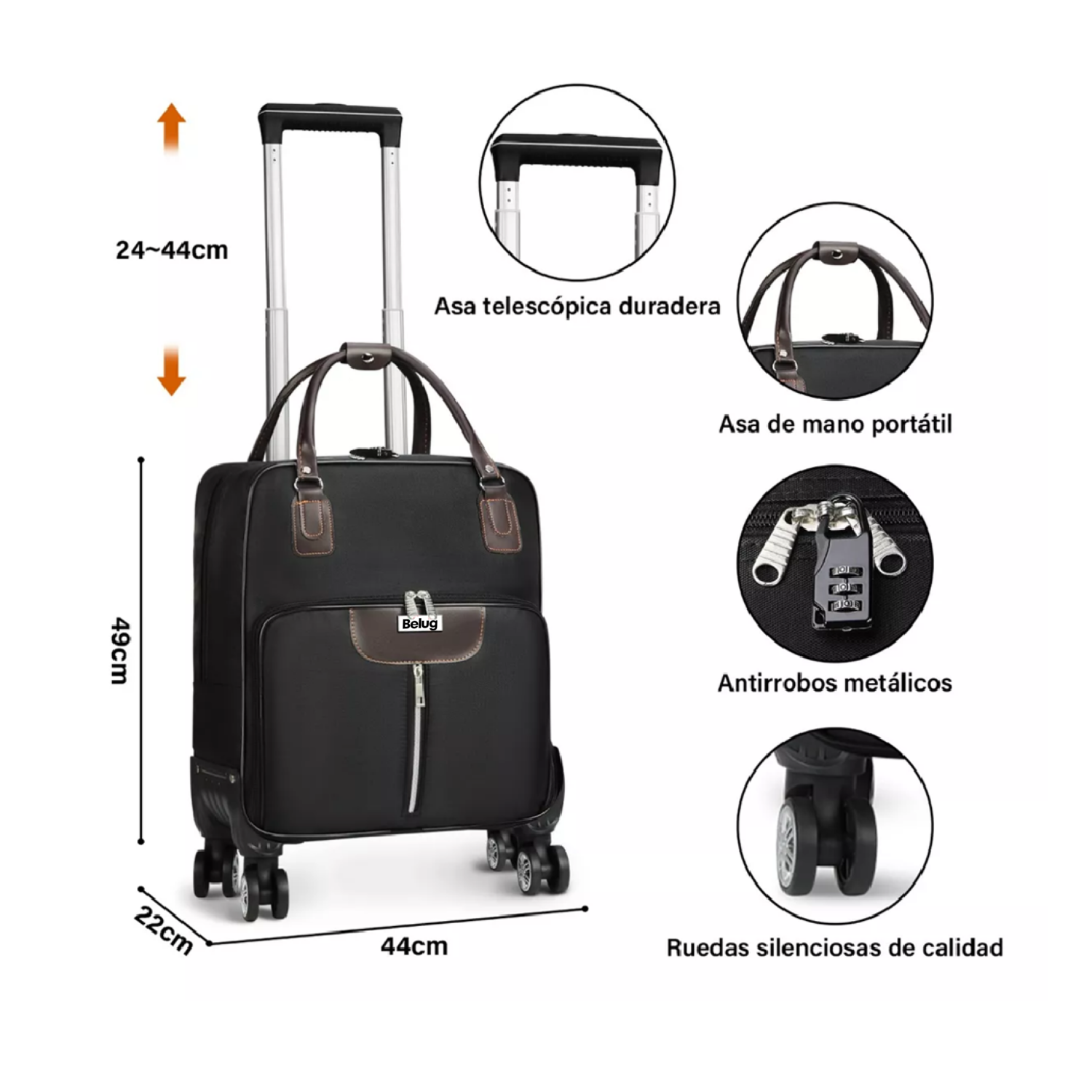 Foto 4 pulgar | Maleta De Mano Belug De Viaje Bolsa Con Candado De Seguridad Cabina Negro Detalles Cafe
