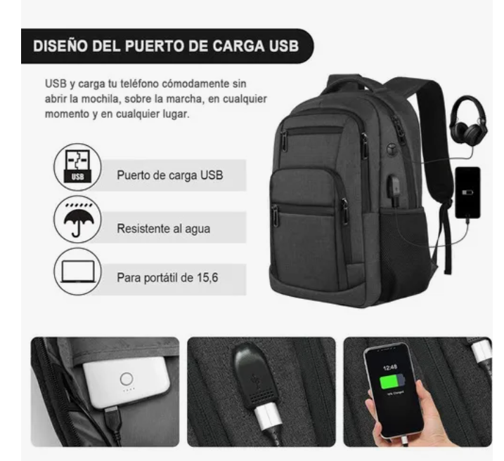 Foto 5 pulgar | Xtellar Mochila De Viaje De Negocios Antirrobo Para Portátil Con Puerto De Carga Usb, Resistente Al Agua Para