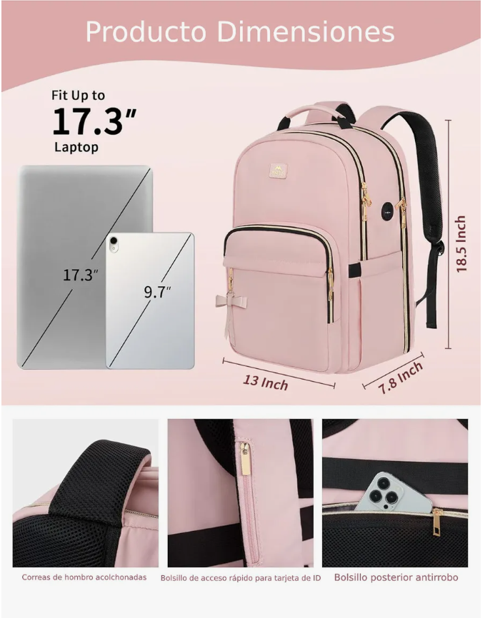 Foto 4 pulgar | Mochila Xtellar De Viaje Mujer, Mochila Para Laptop 17 Pulgadas, 35l Capacidad Resistente Al Agua Color Rosa