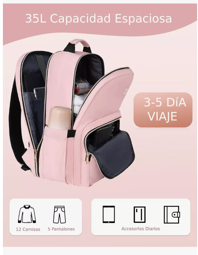 Foto 5 pulgar | Mochila Xtellar De Viaje Mujer, Mochila Para Laptop 17 Pulgadas, 35l Capacidad Resistente Al Agua Color Rosa