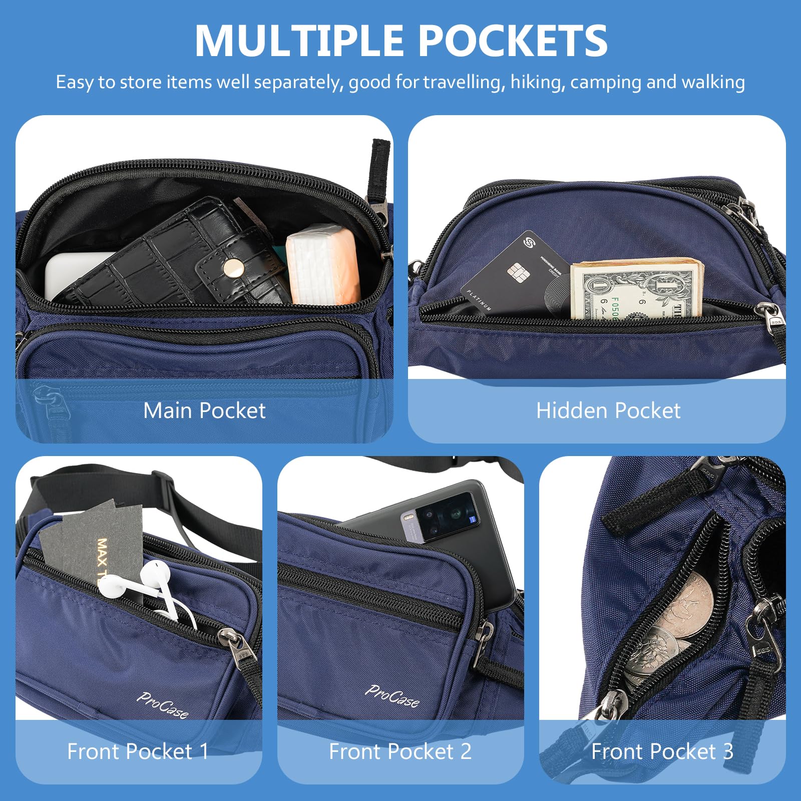 Foto 4 | Riñonera Fanny Pack Procase Para Hombre Y Mujer, Color Azul Marino - Venta Internacional.