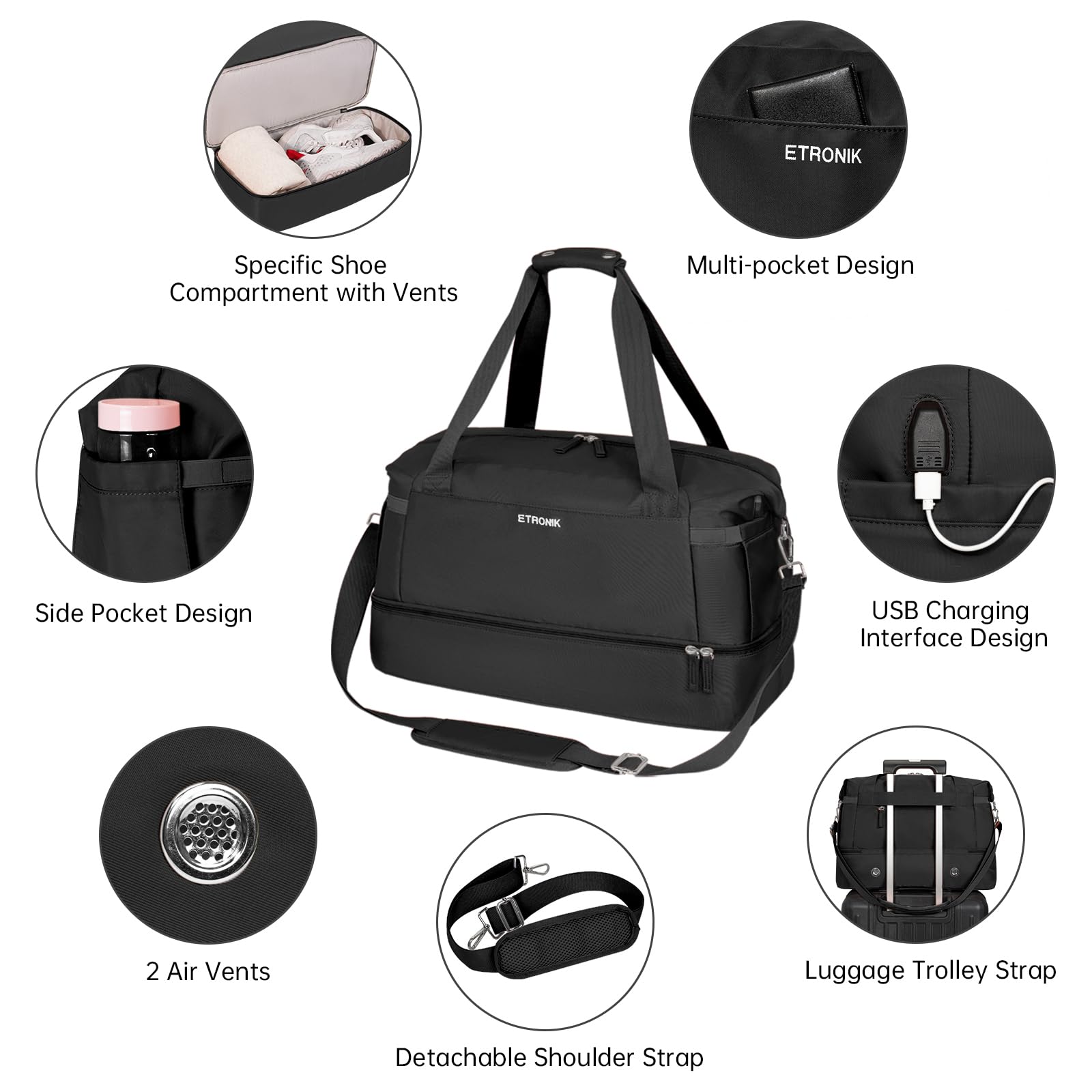 Foto 6 pulgar | Bolsa Deportiva Etronik Para Mujer De 47 Litros Con Compartimento Para Zapatos, Color Negro - Venta Internacional.