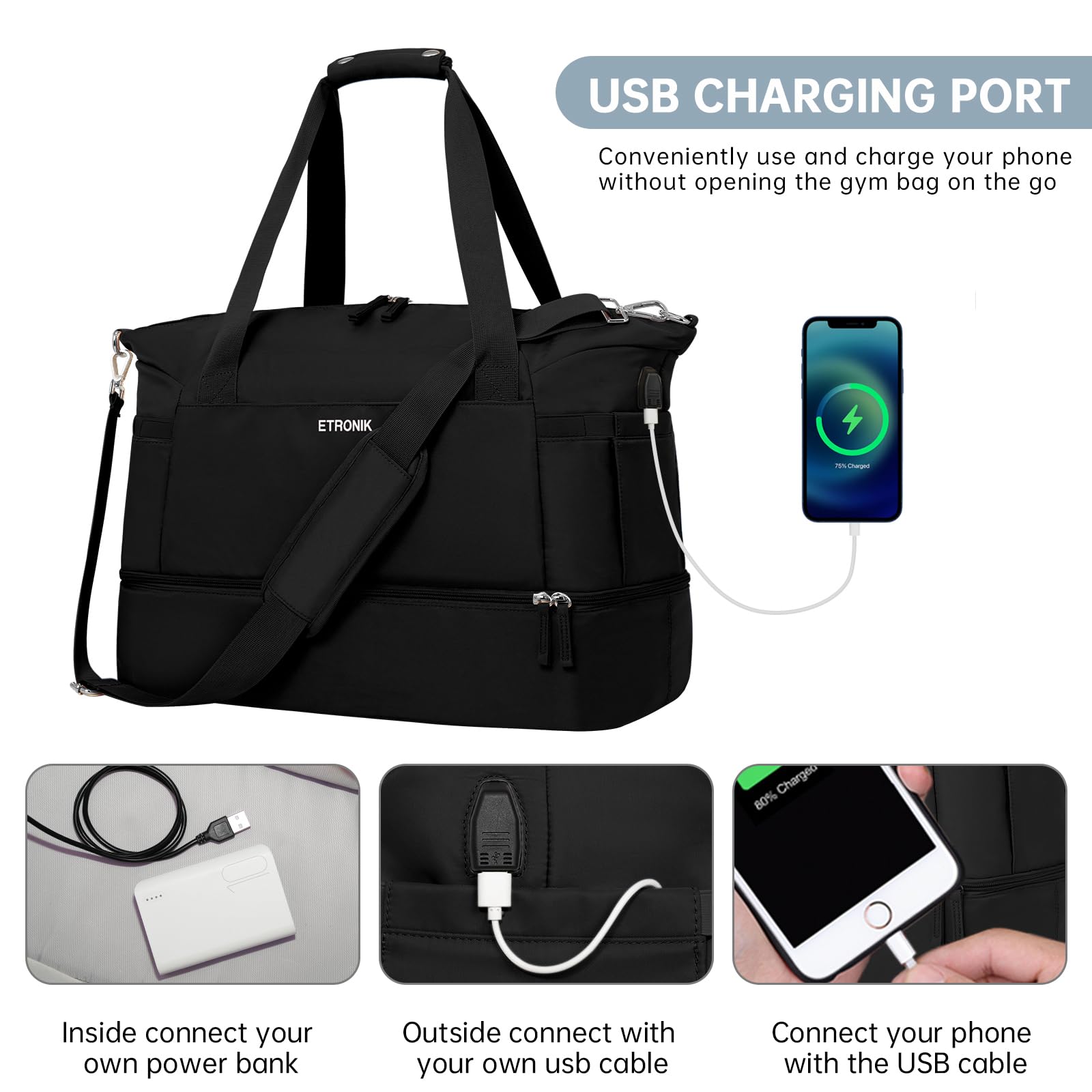 Foto 7 pulgar | Bolsa Deportiva Etronik Para Mujer De 47 Litros Con Compartimento Para Zapatos, Color Negro - Venta Internacional.