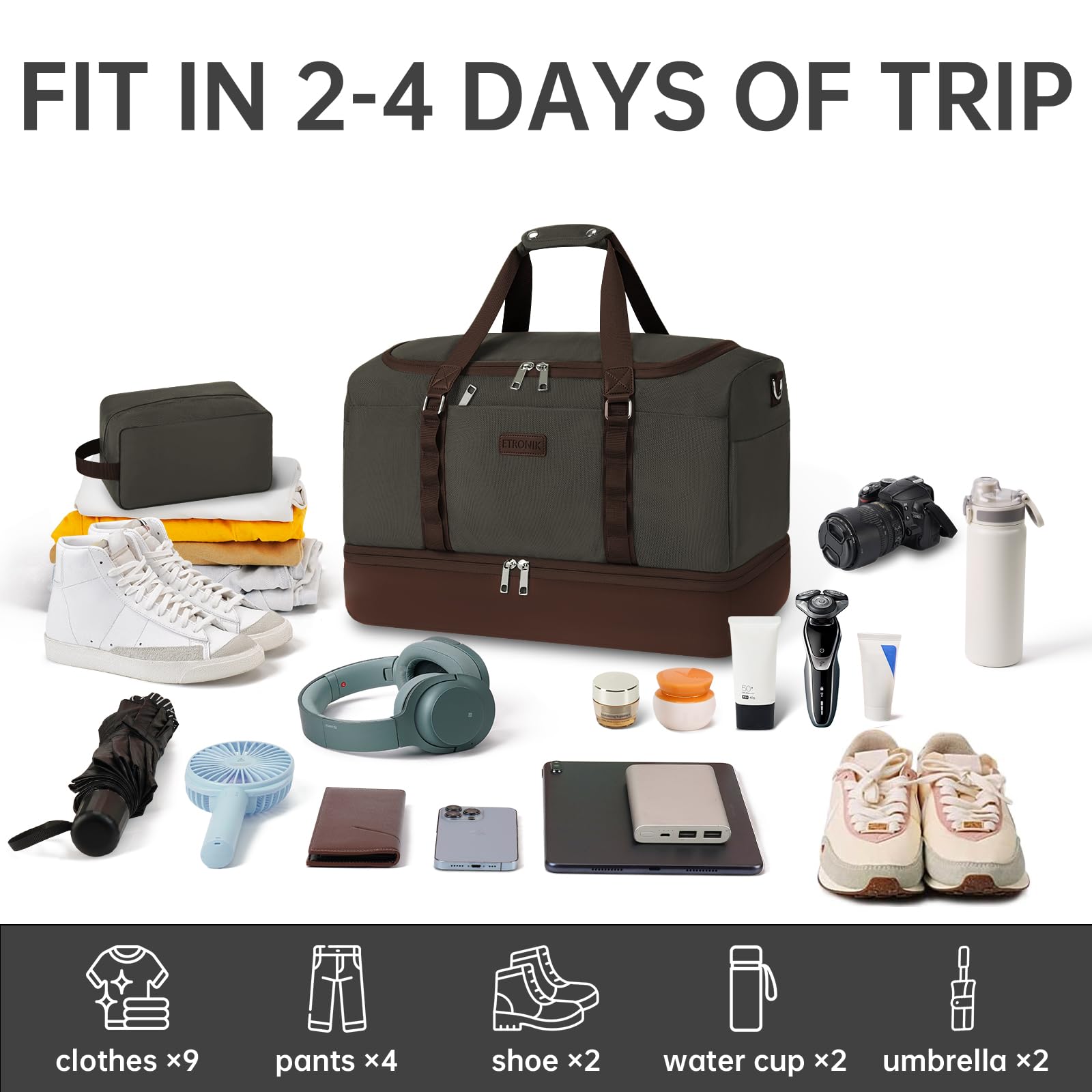 Foto 3 pulgar | Bolsa De Viaje Etronik Duffle & Gym Con Compartimento Para Zapatos 42 L, Color Verde - Venta Internacional.
