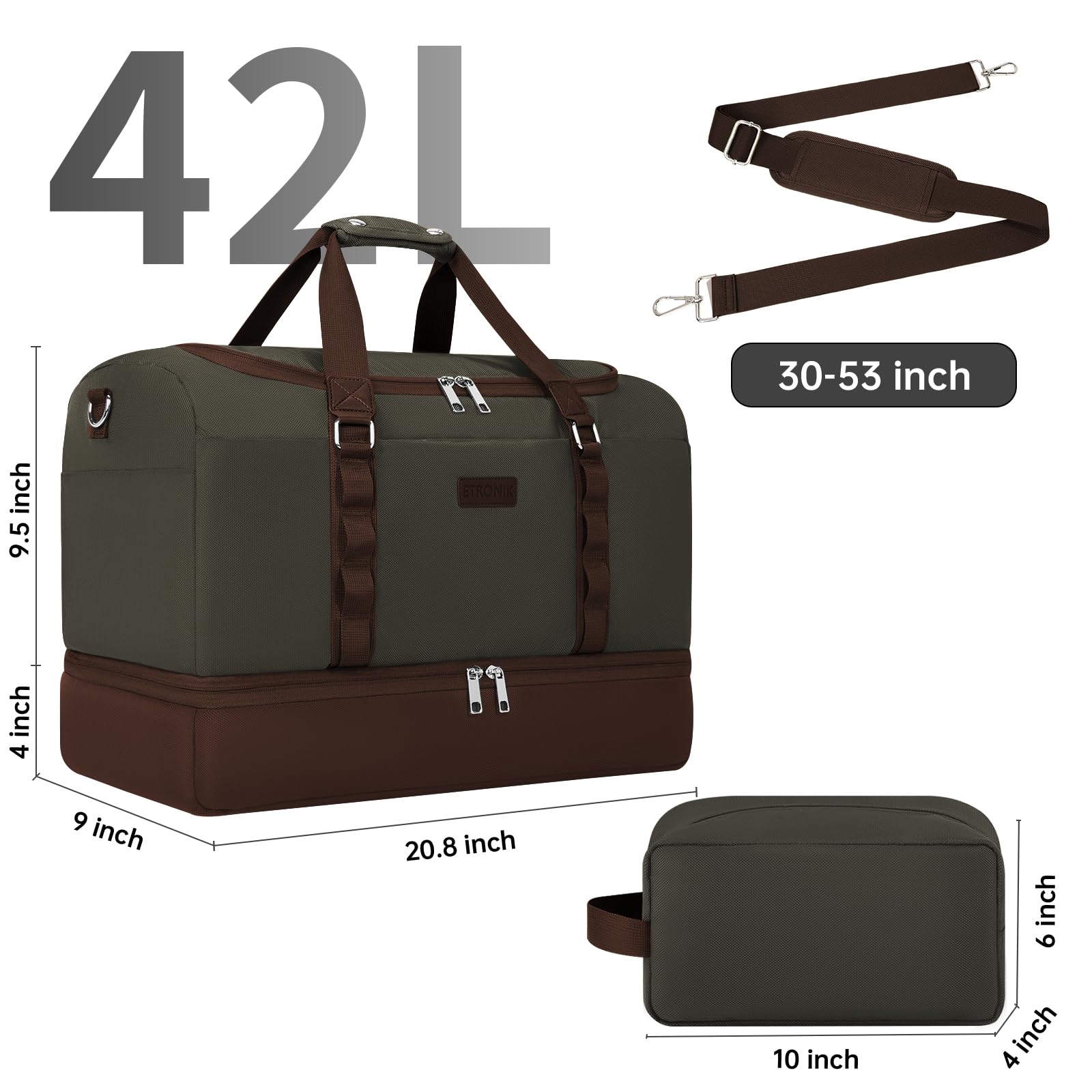 Foto 8 pulgar | Bolsa De Viaje Etronik Duffle & Gym Con Compartimento Para Zapatos 42 L, Color Verde - Venta Internacional.