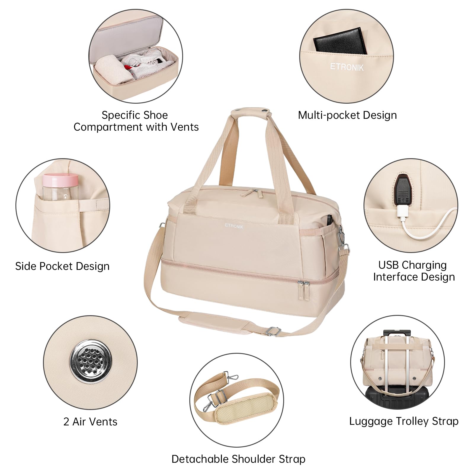 Foto 7 pulgar | Bolsa De Gimnasio Etronik Para Mujer Con Puerto De Carga Usb Y Bolsillo Húmedo - Venta Internacional.