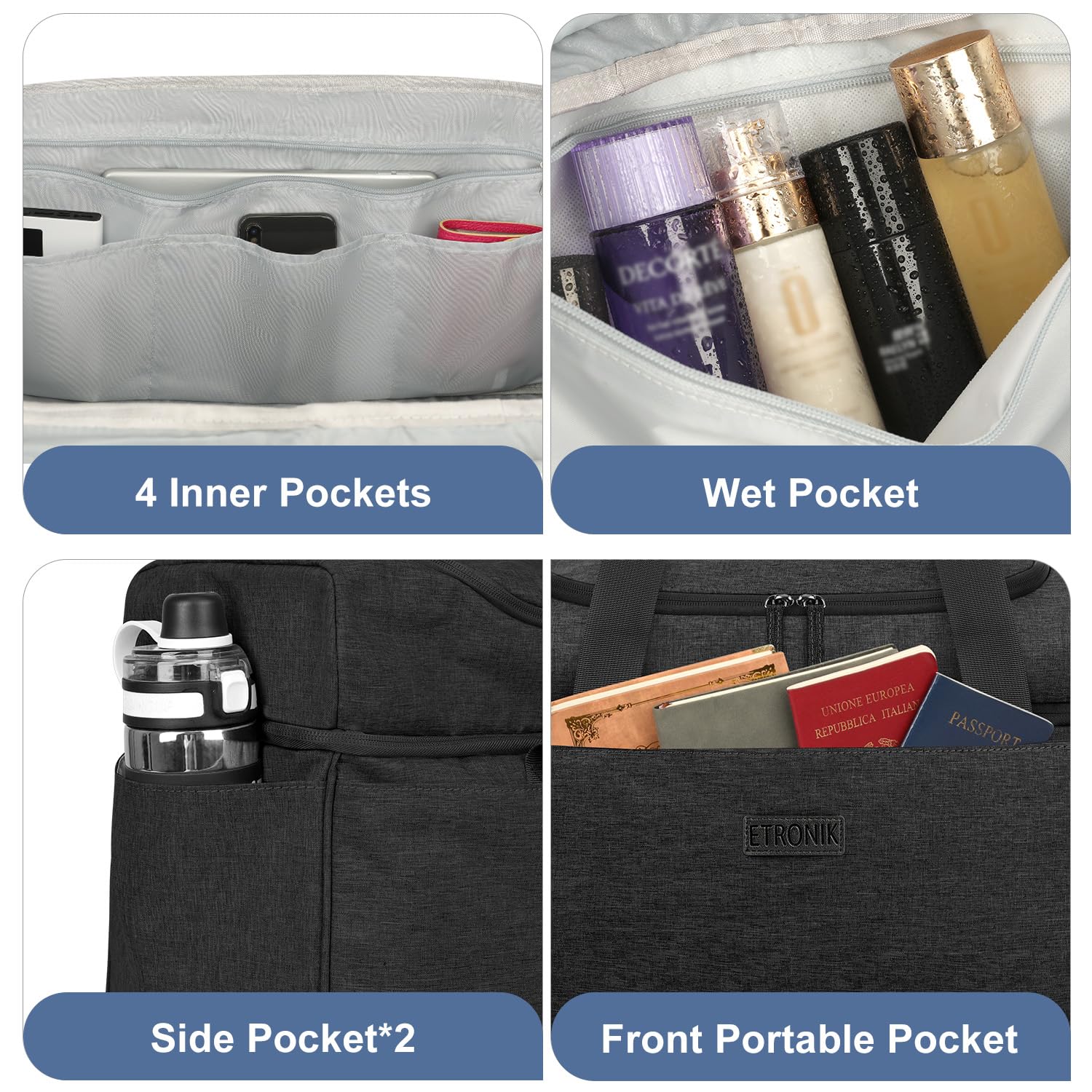 Foto 6 pulgar | Bolsa De Viaje Etronik Para Hombre Y Mujer Con Compartimento Para Zapatos, 42 L, Color Negro - Venta Internacional.