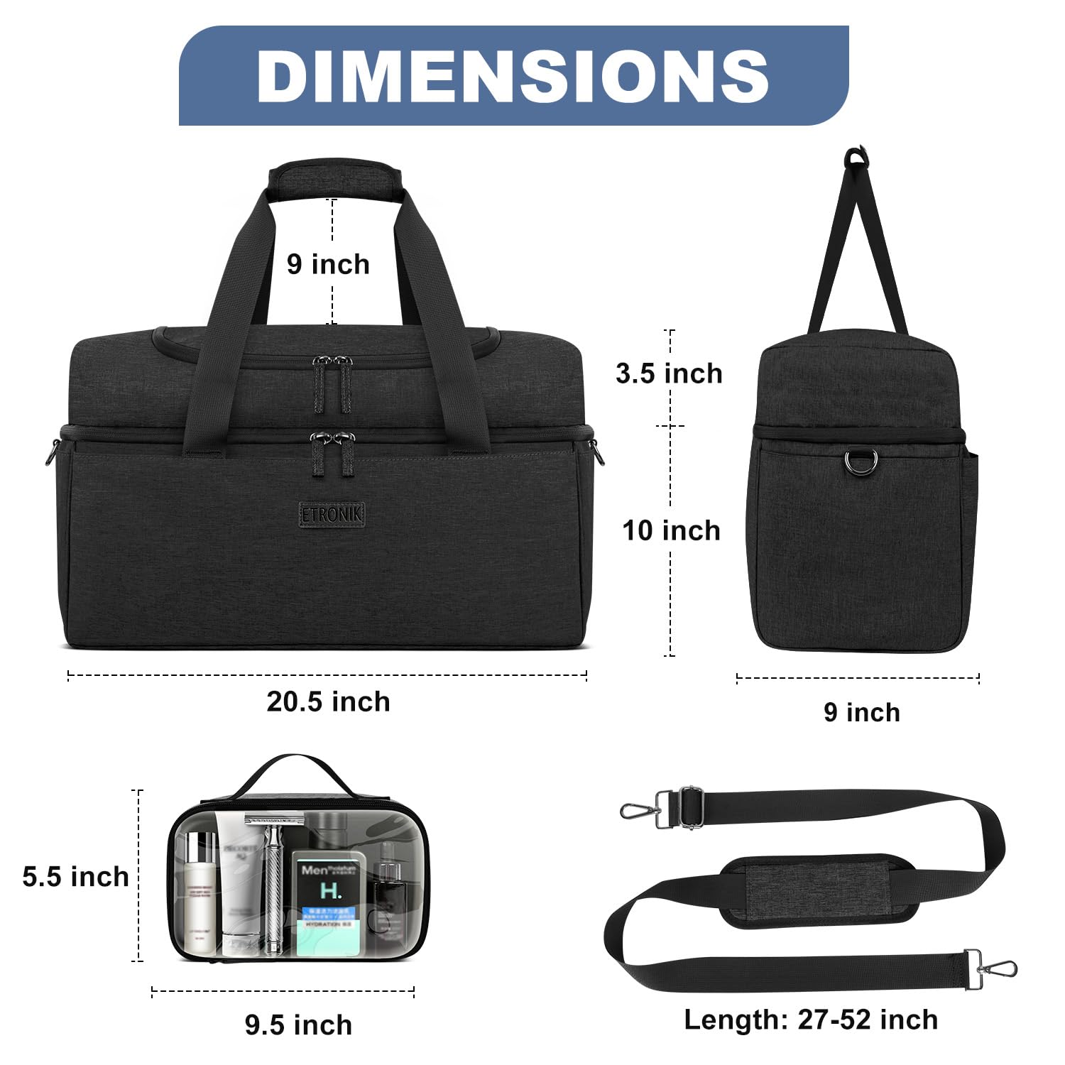 Foto 7 | Bolsa De Viaje Etronik Para Hombre Y Mujer Con Compartimento Para Zapatos, 42 L, Color Negro - Venta Internacional.