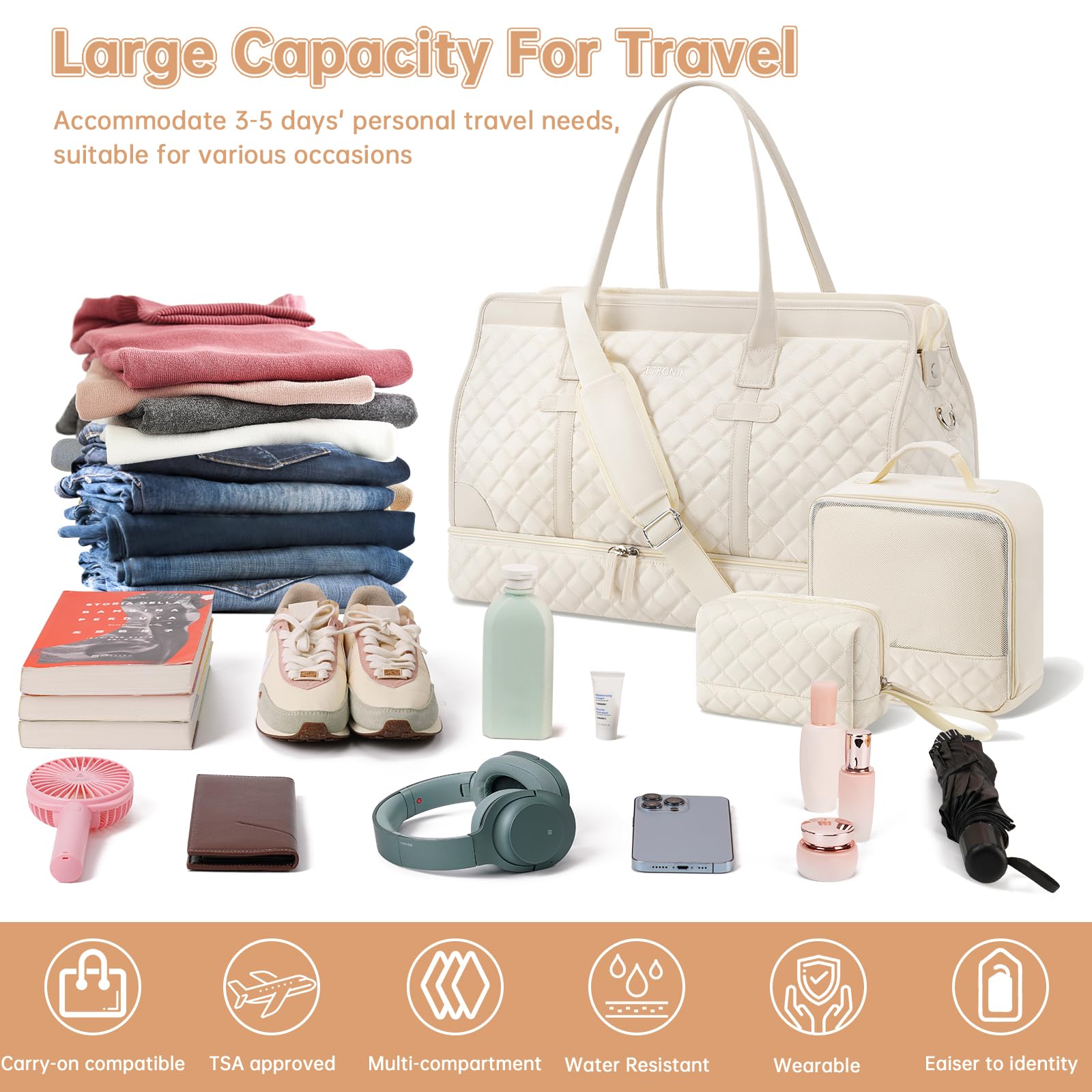 Foto 5 pulgar | Bolso De Viaje Etronik De Fin De Semana Para Mujer, Tamaño Grande, Color Blanquecino - Venta Internacional.
