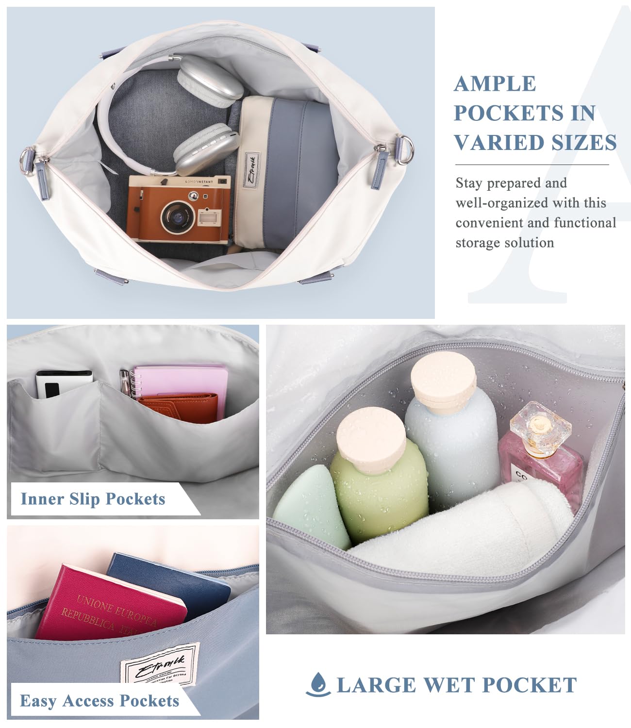 Foto 3 pulgar | Bolsa De Fin De Semana Etronik Para Mujer Con Compartimento Para Zapatos Azul Y Blanco - Venta Internacional.