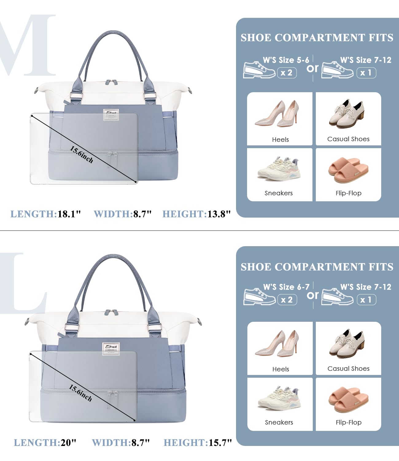 Foto 5 pulgar | Bolsa De Fin De Semana Etronik Para Mujer Con Compartimento Para Zapatos Azul Y Blanco - Venta Internacional.