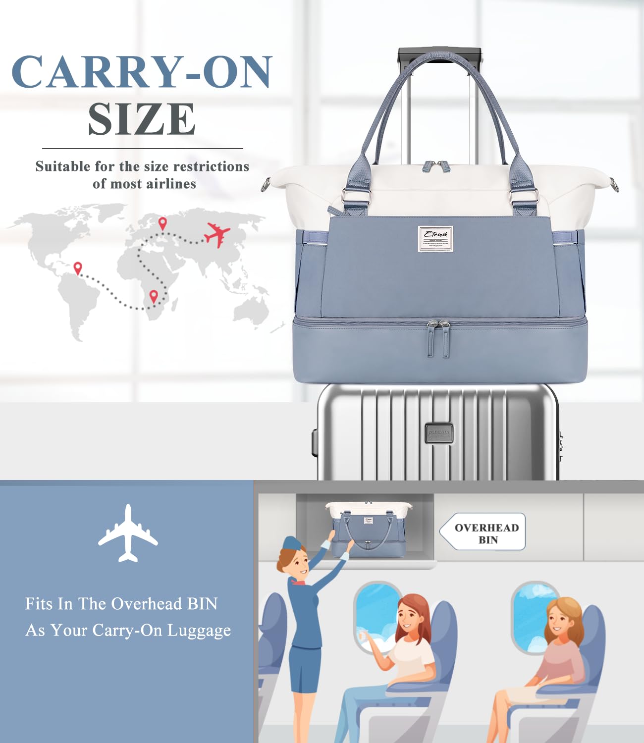 Foto 6 pulgar | Bolsa De Fin De Semana Etronik Para Mujer Con Compartimento Para Zapatos Azul Y Blanco - Venta Internacional.