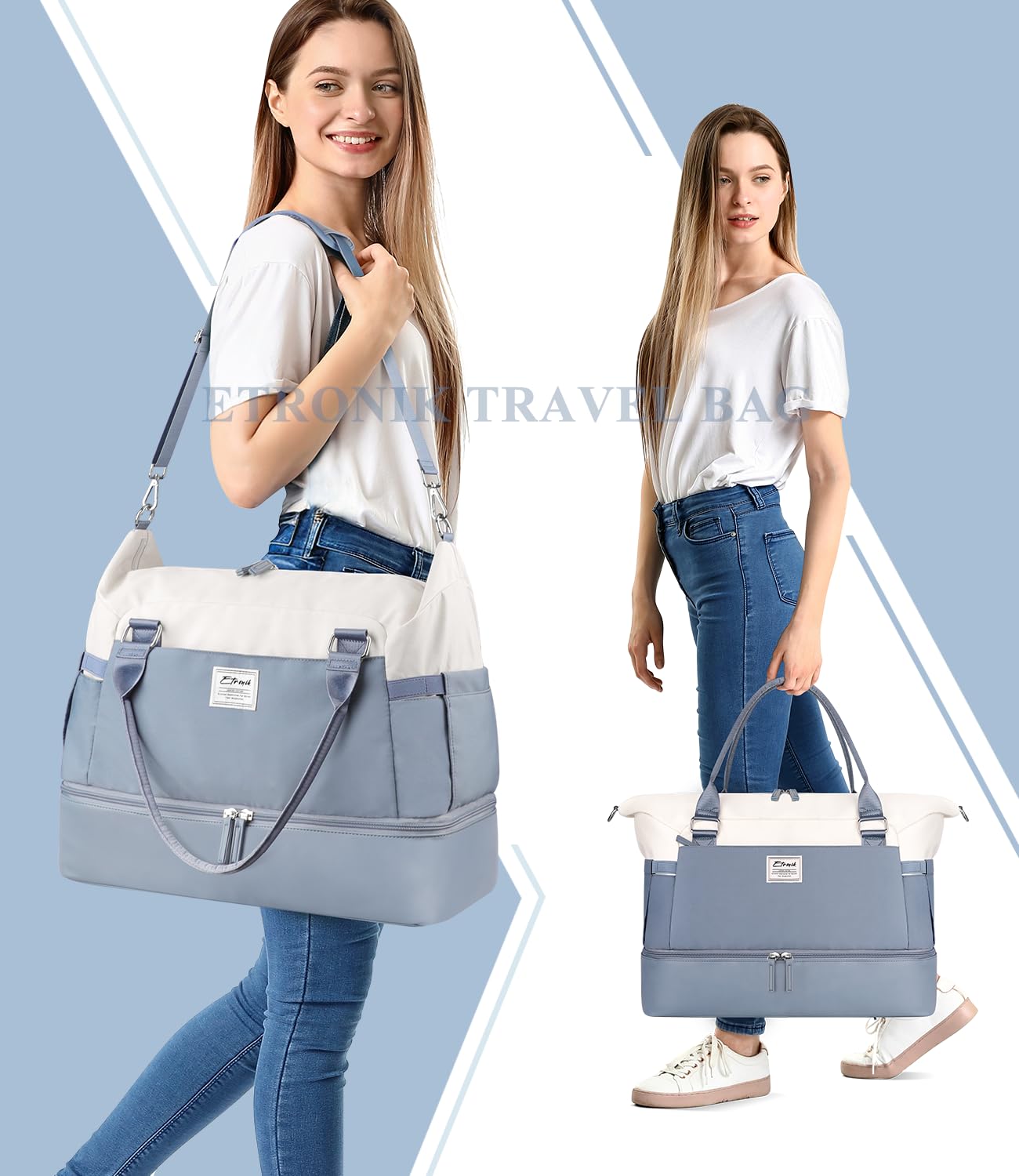 Foto 7 pulgar | Bolsa De Fin De Semana Etronik Para Mujer Con Compartimento Para Zapatos Azul Y Blanco - Venta Internacional.