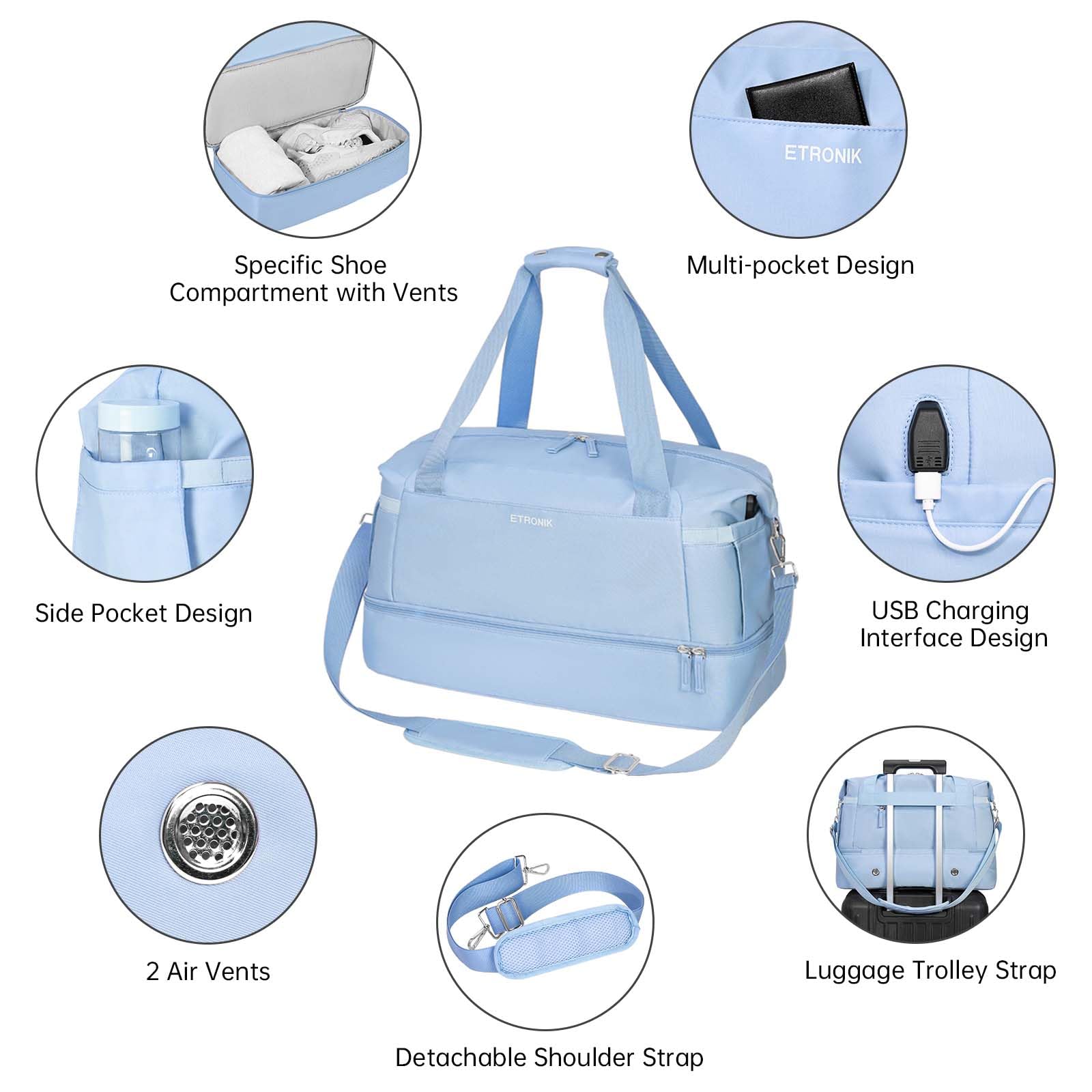Foto 6 pulgar | Bolsa Deportiva Etronik Para Mujer De 47 Litros Con Compartimento Para Zapatos, Color Azul - Venta Internacional.
