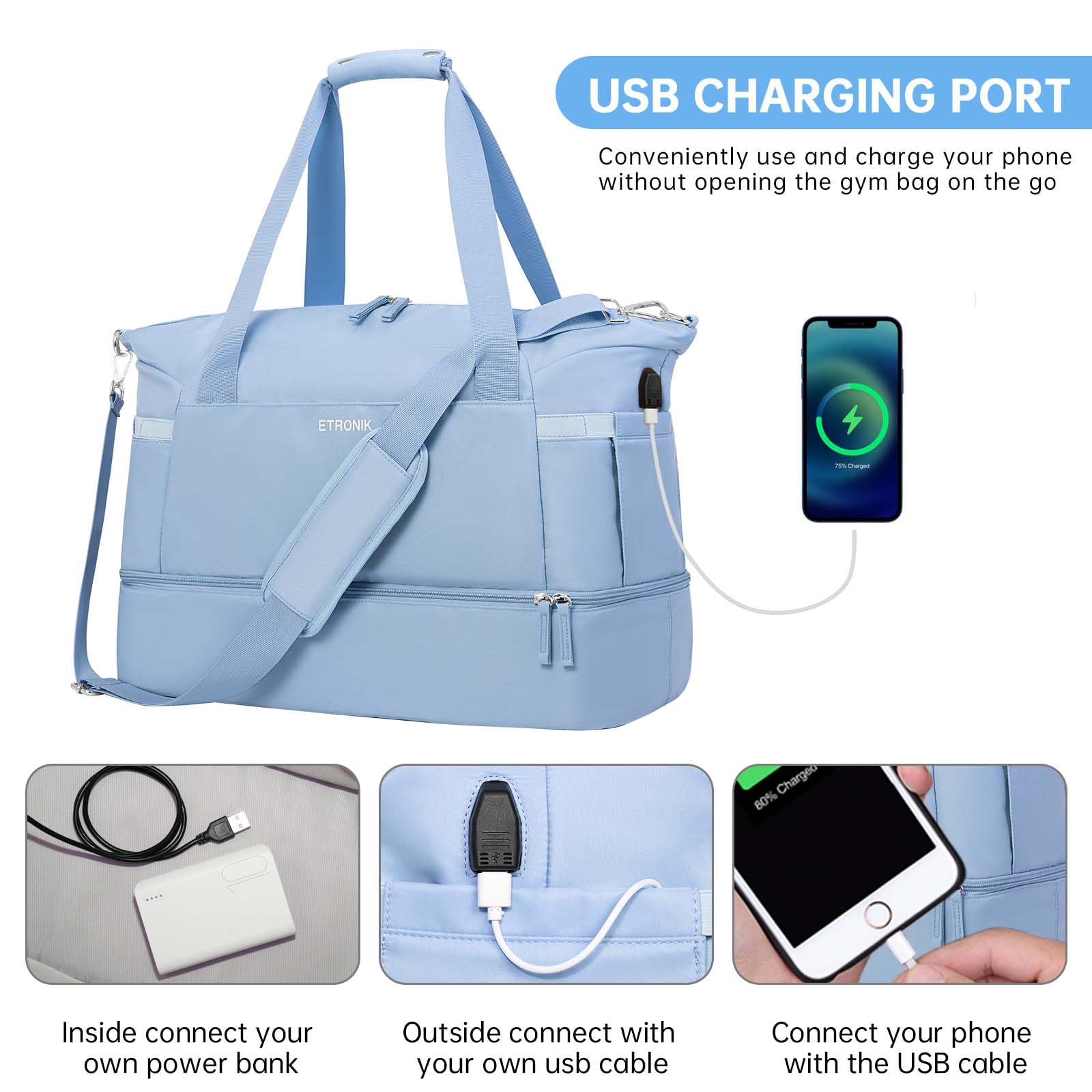 Foto 7 pulgar | Bolsa Deportiva Etronik Para Mujer De 47 Litros Con Compartimento Para Zapatos, Color Azul - Venta Internacional.