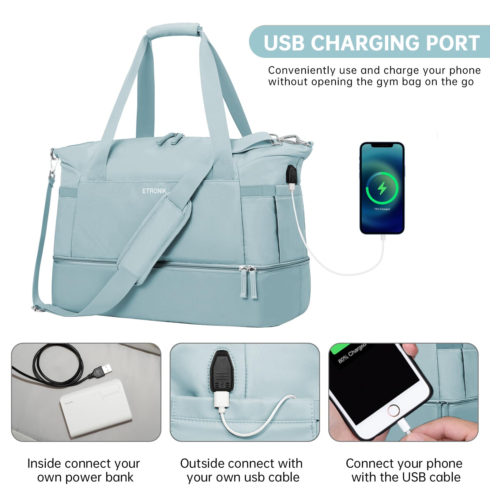 Foto 6 pulgar | Bolsa De Gimnasio Etronik Para Mujer, Bolsa De Viaje Con Compartimento Para Zapatos - Venta Internacional.