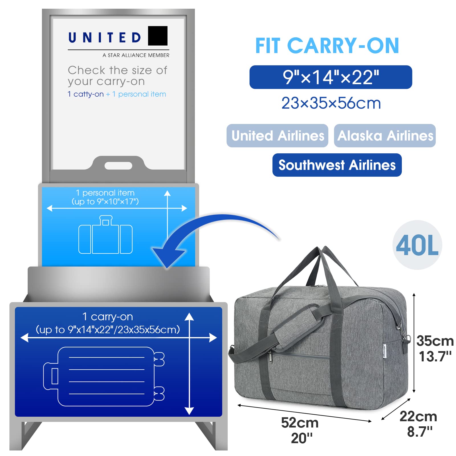 Foto 3 pulgar | Bolsa De Mano Plegable Narwey Para United Airlines 40l Gris - Venta Internacional.
