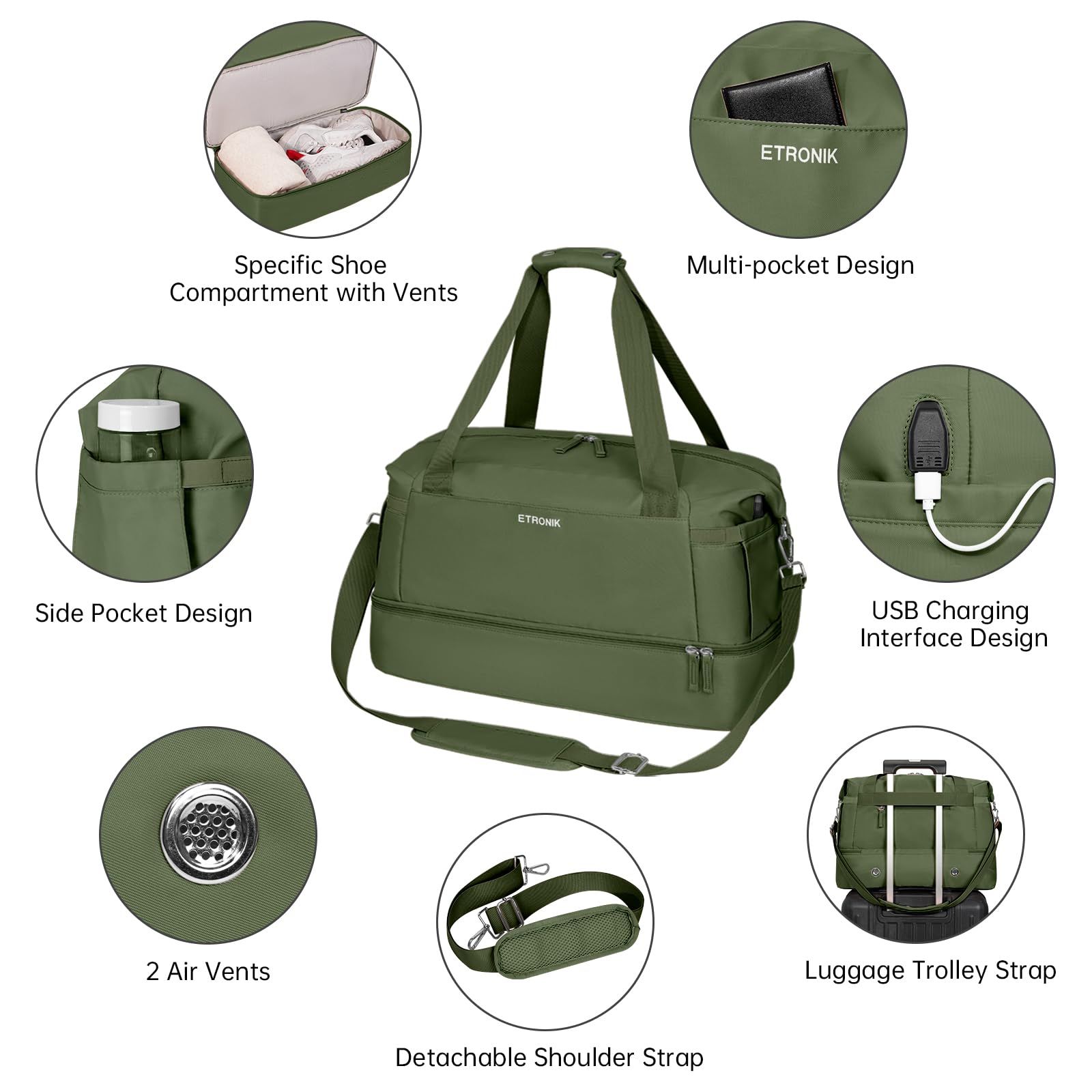 Foto 4 pulgar | Bolsa De Gimnasio Etronik Para Mujer, Bolsa De Viaje Con Puerto Usb, Color Verde Militar - Venta Internacional.