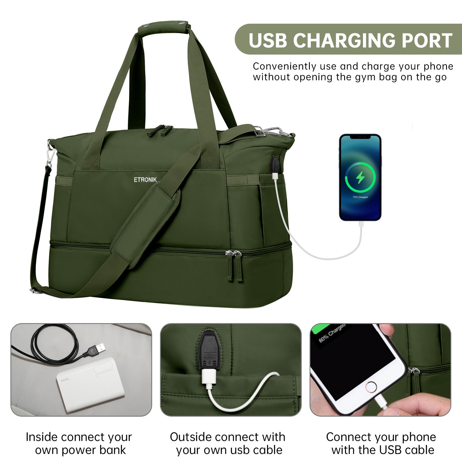 Foto 7 pulgar | Bolsa De Gimnasio Etronik Para Mujer, Bolsa De Viaje Con Puerto Usb, Color Verde Militar - Venta Internacional.
