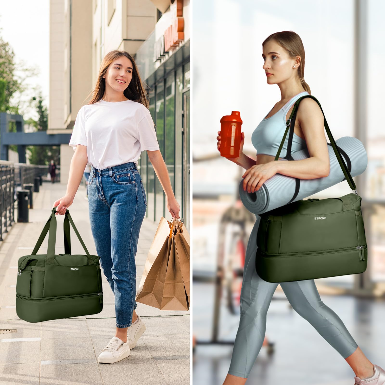 Foto 8 pulgar | Bolsa De Gimnasio Etronik Para Mujer, Bolsa De Viaje Con Puerto Usb, Color Verde Militar - Venta Internacional.