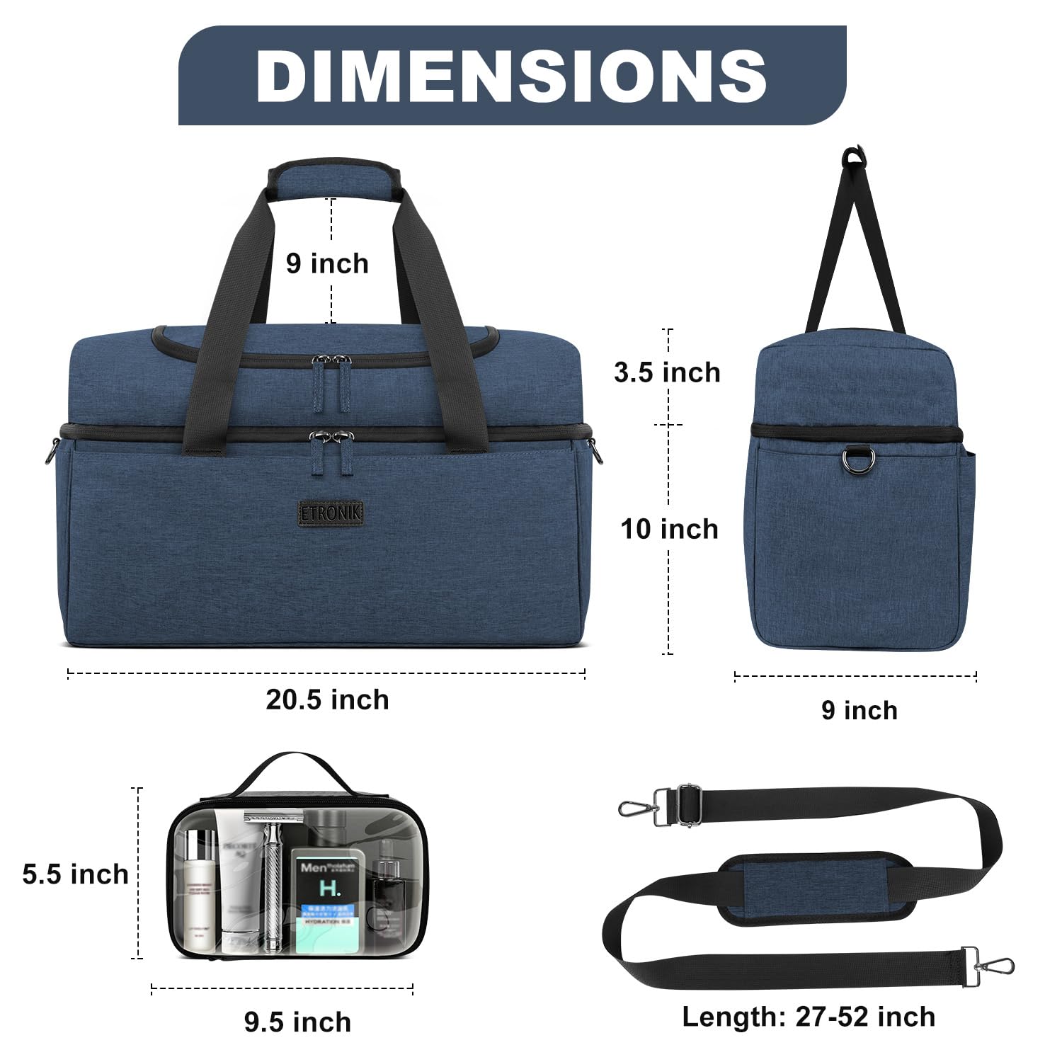 Foto 8 pulgar | Bolsa De Viaje Etronik Para Hombre Y Mujer Con Compartimento Para Zapatos 42 L, Color Azul - Venta Internacional.