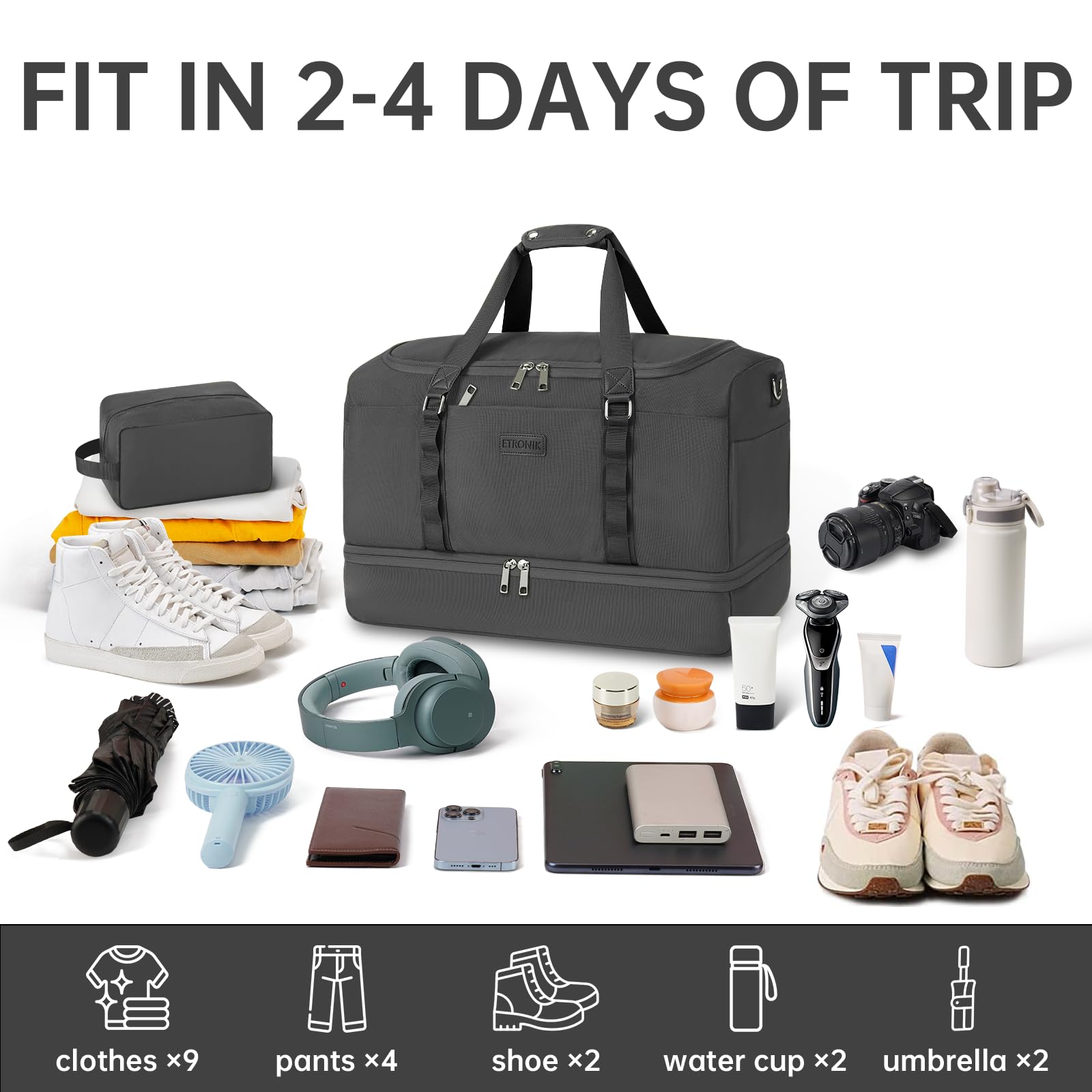 Foto 3 pulgar | Bolsa De Viaje Etronik Para Hombre Y Mujer Con Compartimento Para Zapatos, 42 L, Color Gris - Venta Internacional.