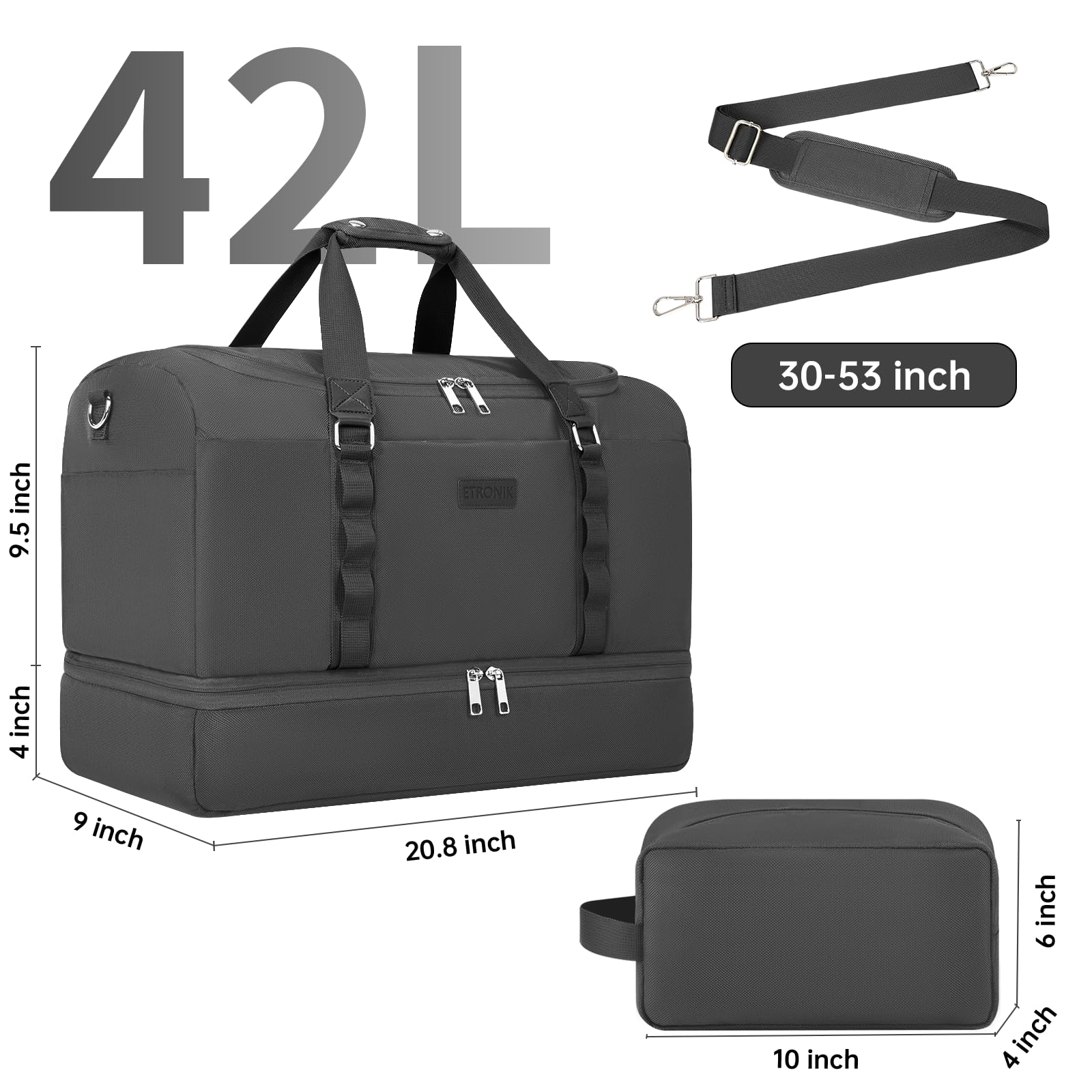 Foto 6 pulgar | Bolsa De Viaje Etronik Para Hombre Y Mujer Con Compartimento Para Zapatos, 42 L, Color Gris - Venta Internacional.