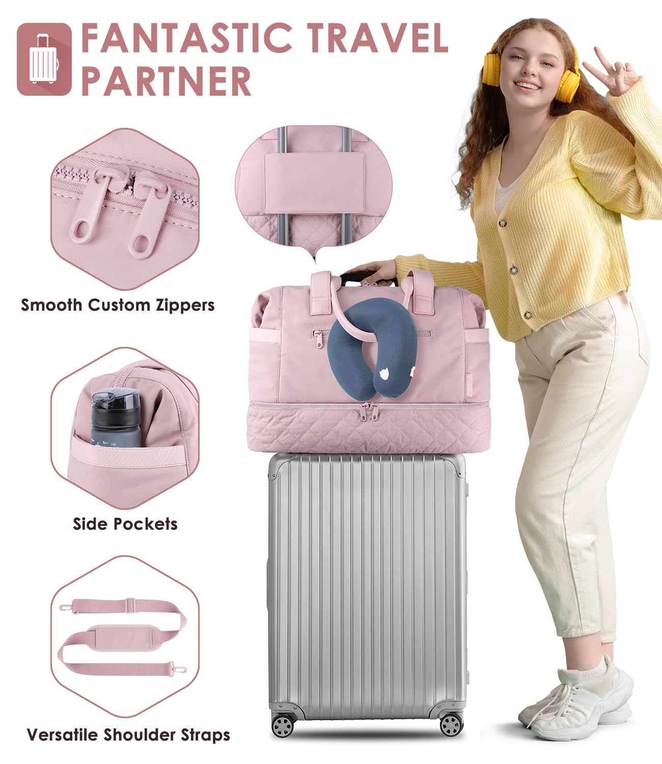 Foto 4 | Bolsa De Fin De Semana Etronik Para Mujer Con Compartimento Para Zapatos, Color Rosa - Venta Internacional.