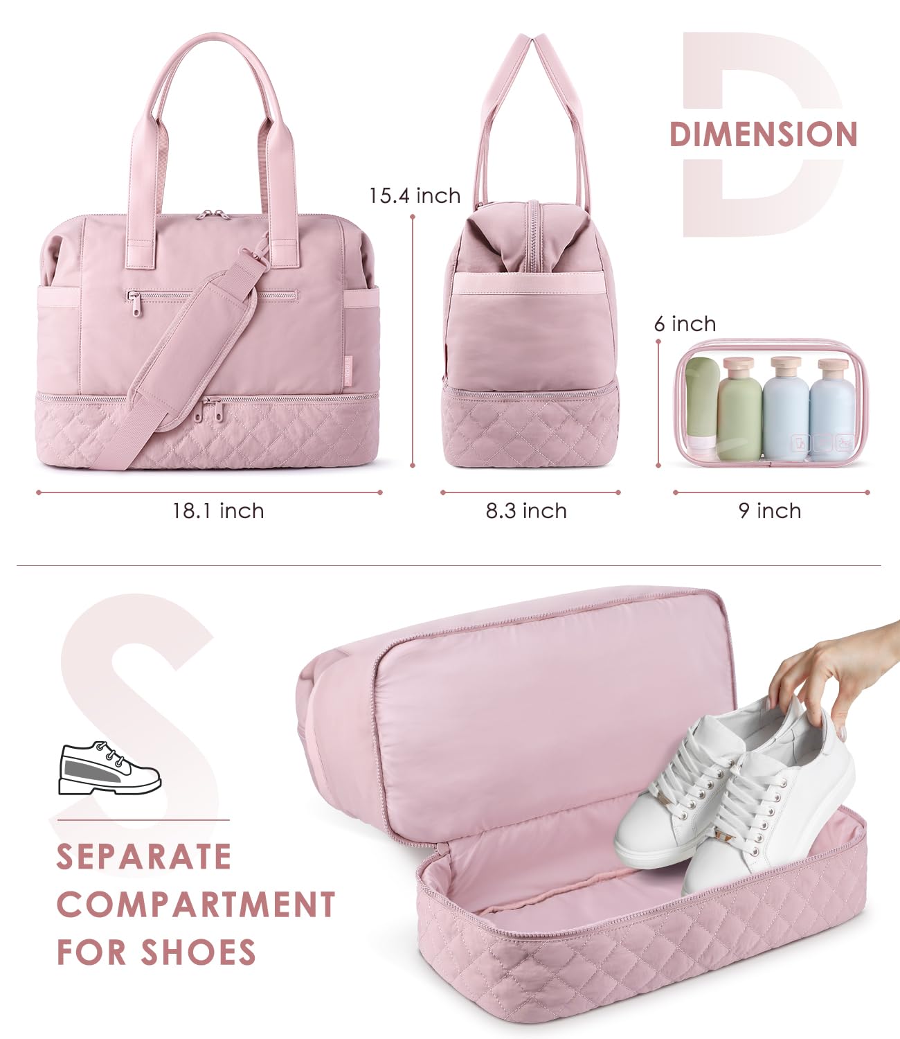 Foto 5 | Bolsa De Fin De Semana Etronik Para Mujer Con Compartimento Para Zapatos, Color Rosa - Venta Internacional.