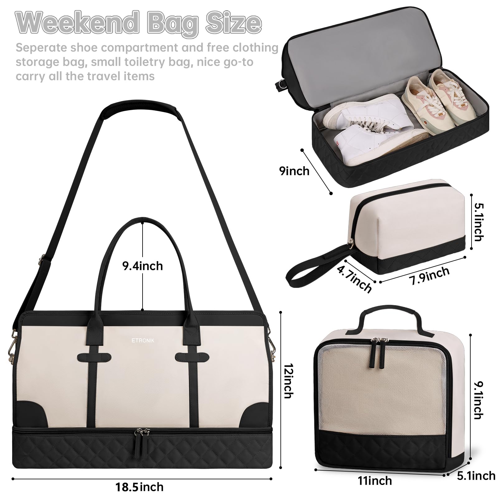 Foto 3 pulgar | Bolsa De Viaje Weekender Etronik Para Mujer, Talla Xl, Beige Y Negro - Venta Internacional.
