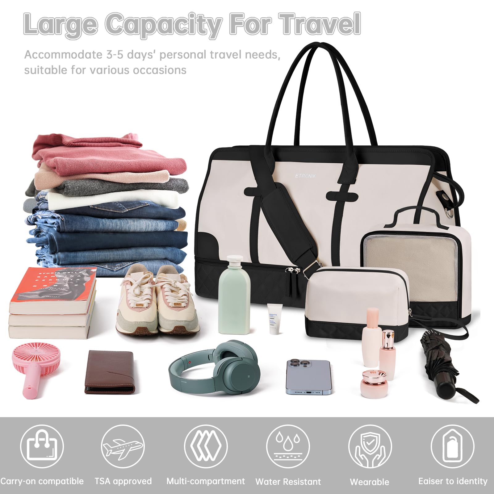 Foto 5 pulgar | Bolsa De Viaje Weekender Etronik Para Mujer, Talla Xl, Beige Y Negro - Venta Internacional.