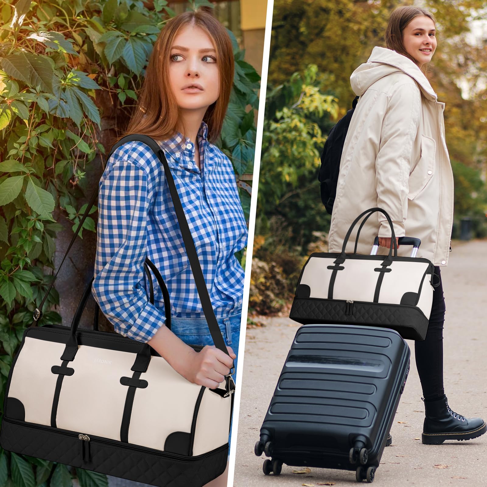 Foto 7 pulgar | Bolsa De Viaje Weekender Etronik Para Mujer, Talla Xl, Beige Y Negro - Venta Internacional.