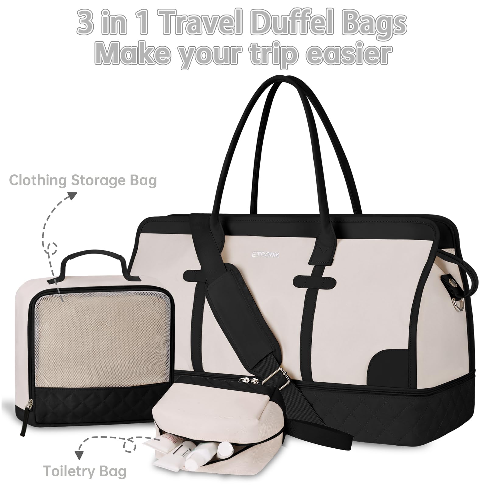 Foto 8 pulgar | Bolsa De Viaje Weekender Etronik Para Mujer, Talla Xl, Beige Y Negro - Venta Internacional.