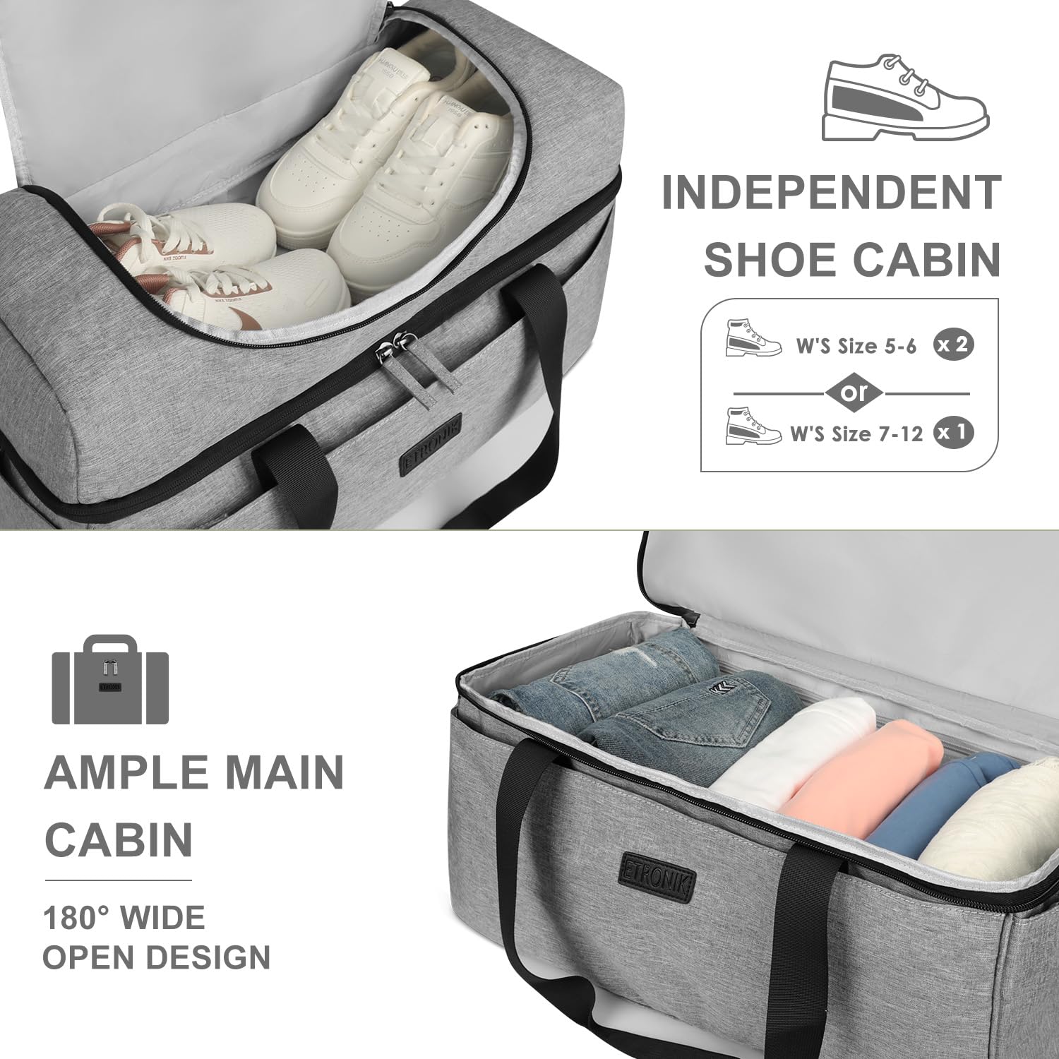 Foto 3 pulgar | Bolsa De Viaje Etronik Duffle Para Hombre Y Mujer Con Compartimento Para Zapatos, Color Gris - Venta Internacional.