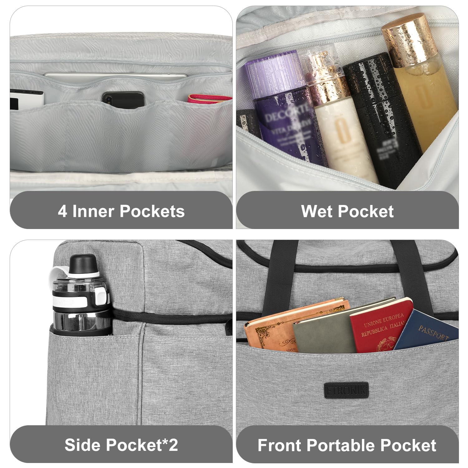 Foto 6 pulgar | Bolsa De Viaje Etronik Duffle Para Hombre Y Mujer Con Compartimento Para Zapatos, Color Gris - Venta Internacional.