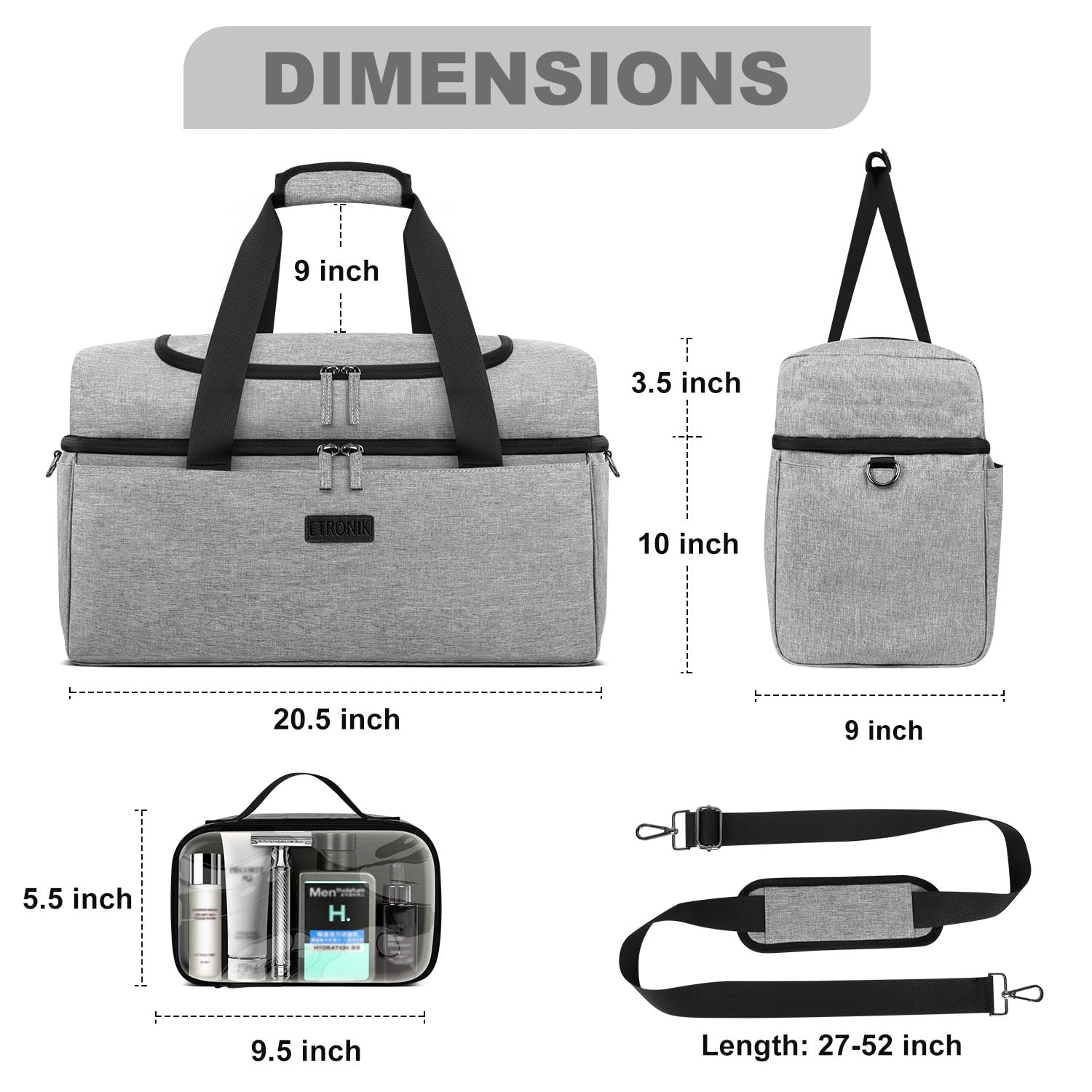 Foto 8 pulgar | Bolsa De Viaje Etronik Duffle Para Hombre Y Mujer Con Compartimento Para Zapatos, Color Gris - Venta Internacional.