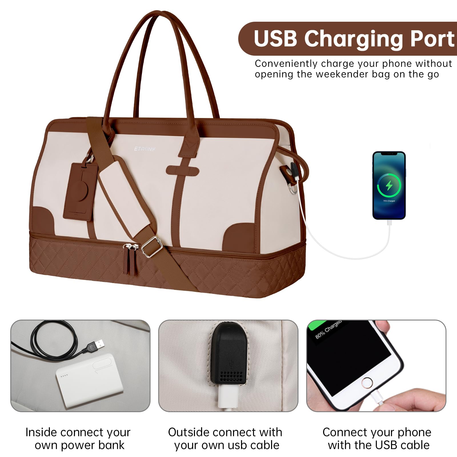 Foto 3 | Bolsa De Viaje Weekender Etronik Para Mujer, Talla Grande, Color Beige - Venta Internacional.