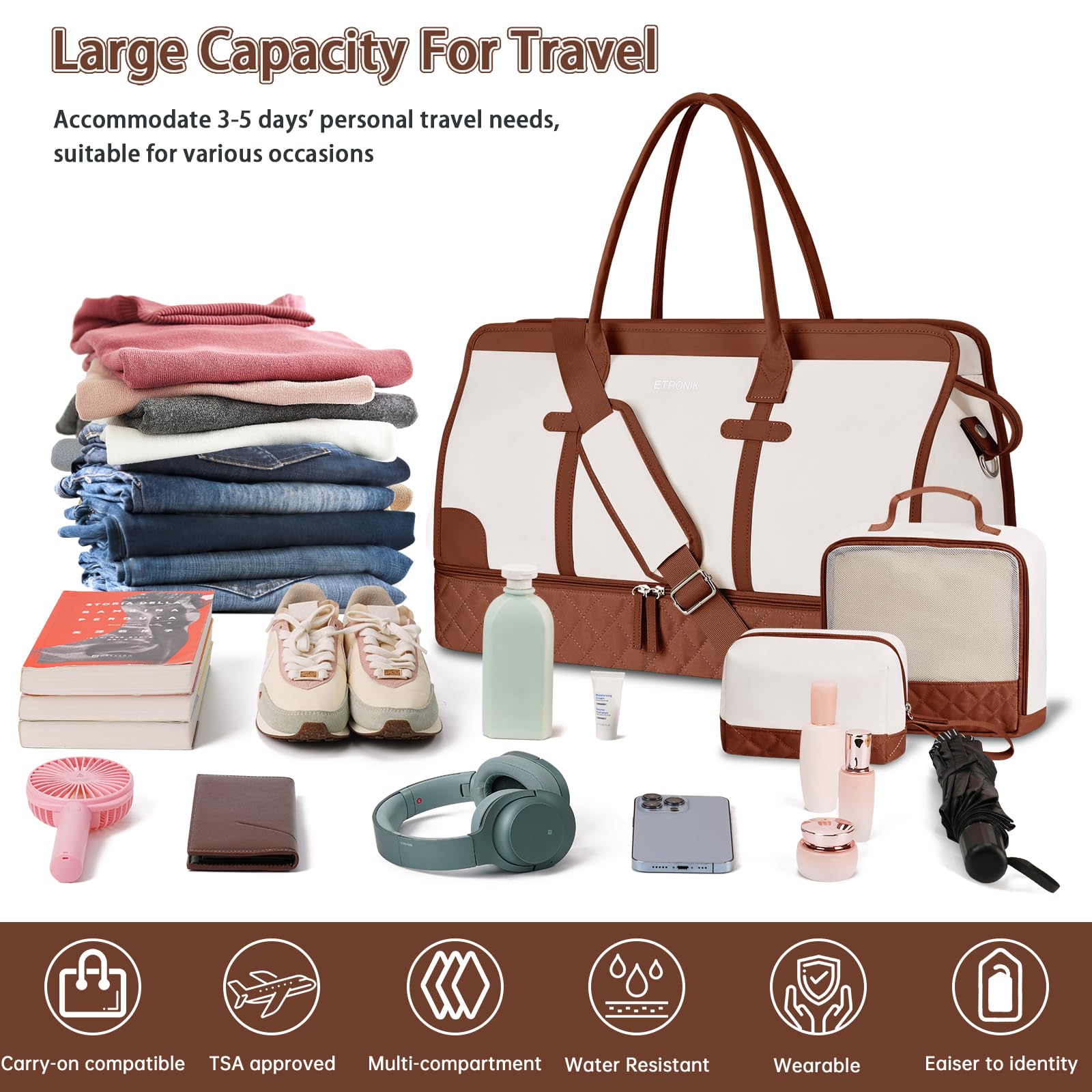 Foto 5 pulgar | Bolsa De Viaje Weekender Etronik Para Mujer, Talla Grande, Color Beige - Venta Internacional.