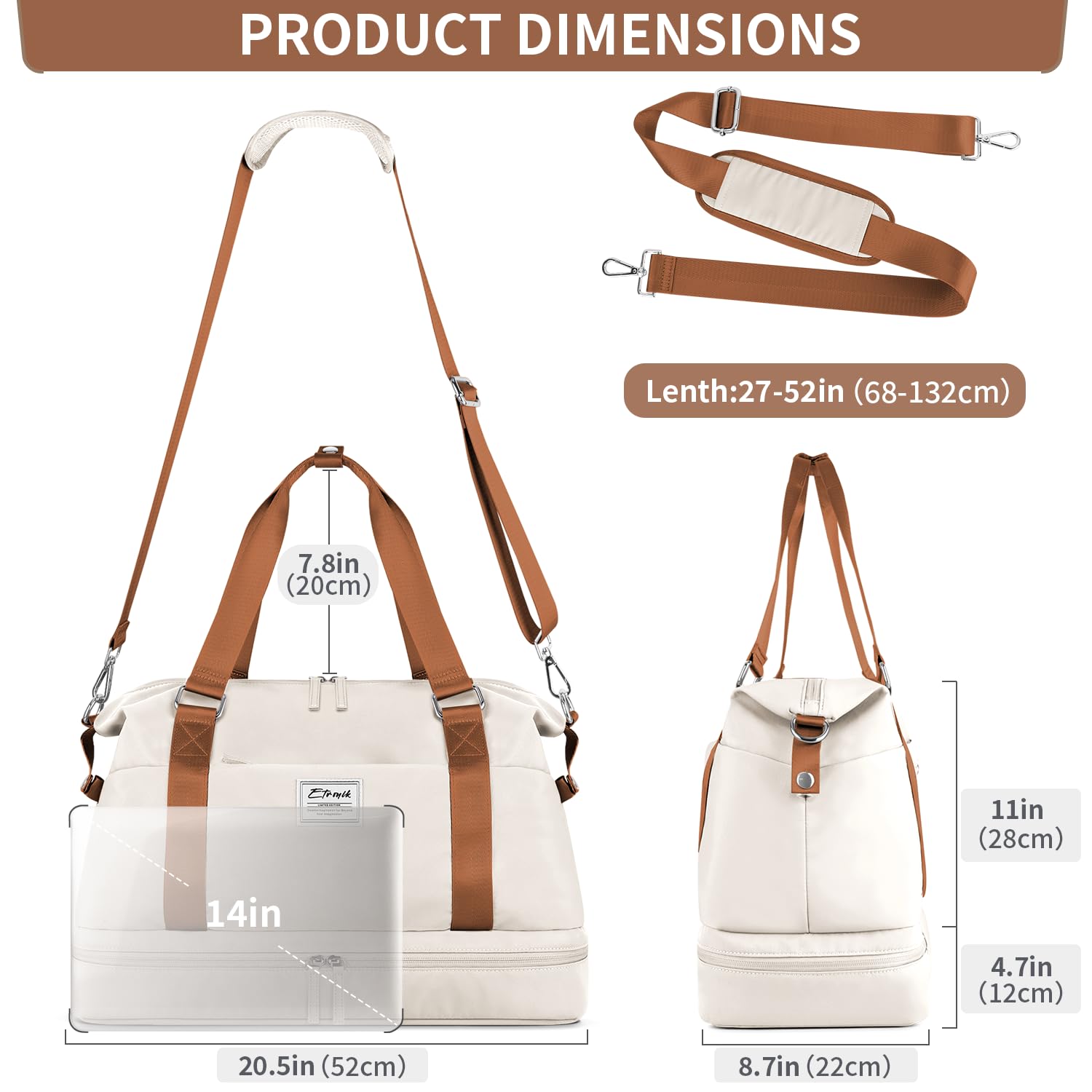 Foto 6 pulgar | Bolso De Fin De Semana Etronik Para Mujer Con Compartimento Para Zapatos, Color Beige - Venta Internacional.