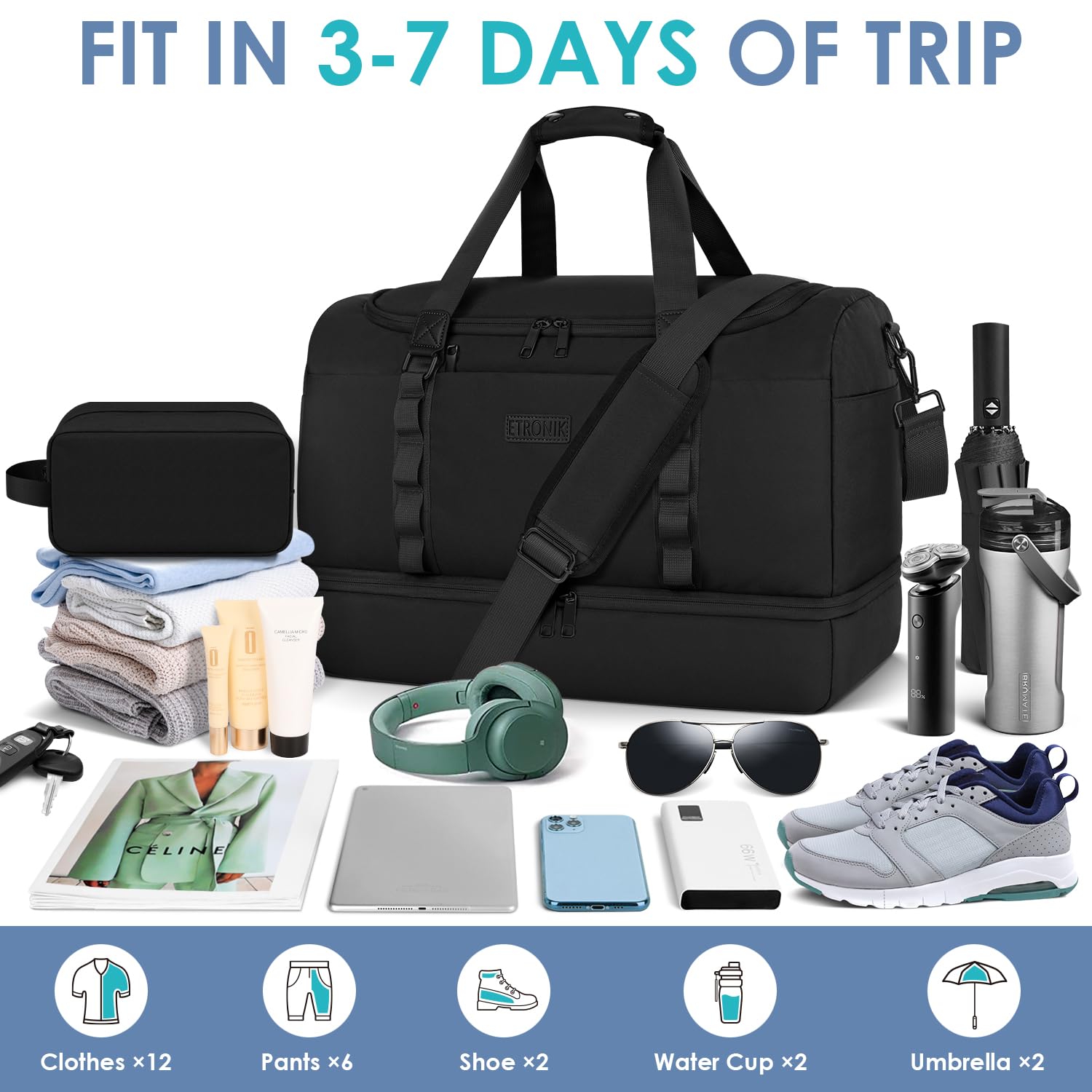 Foto 5 pulgar | Bolsa De Deporte Etronik Para Hombre Y Mujer Con Compartimento Para Zapatos Etronik, 55 L - Venta Internacional.