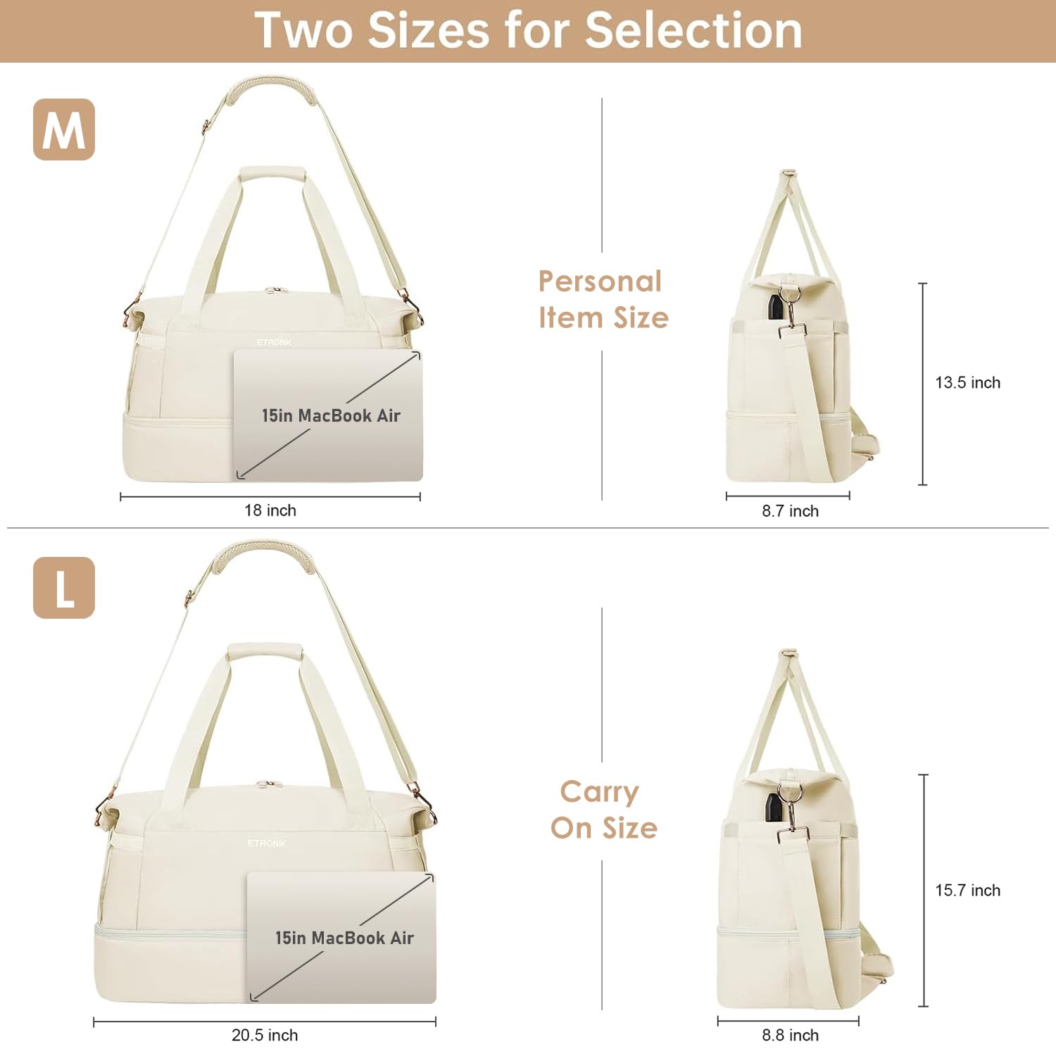 Foto 4 pulgar | Bolsa De Gimnasio Etronik Para Mujer De 47 Litros Con Compartimento Para Zapatos, Color Beige - Venta Internacional.