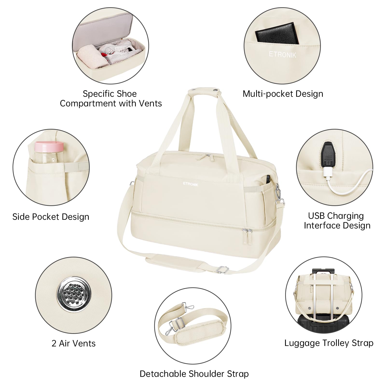 Foto 6 pulgar | Bolsa De Gimnasio Etronik Para Mujer De 47 Litros Con Compartimento Para Zapatos, Color Beige - Venta Internacional.
