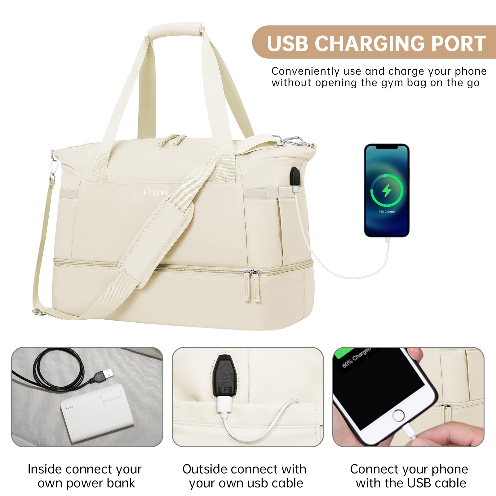 Foto 7 pulgar | Bolsa De Gimnasio Etronik Para Mujer De 47 Litros Con Compartimento Para Zapatos, Color Beige - Venta Internacional.