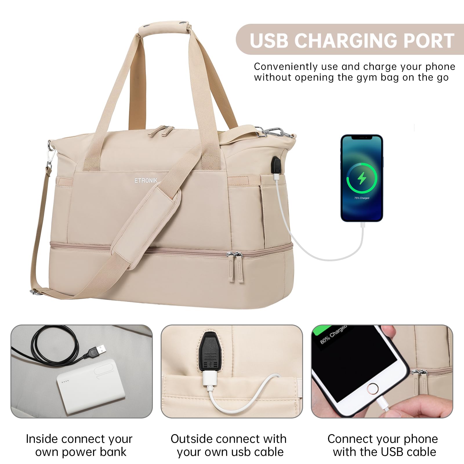 Foto 8 pulgar | Bolsa De Gimnasio Etronik, Bolsa De Viaje De 55 Litros Con Puerto Usb Para Mujer, Color Caqui - Venta Internacional.