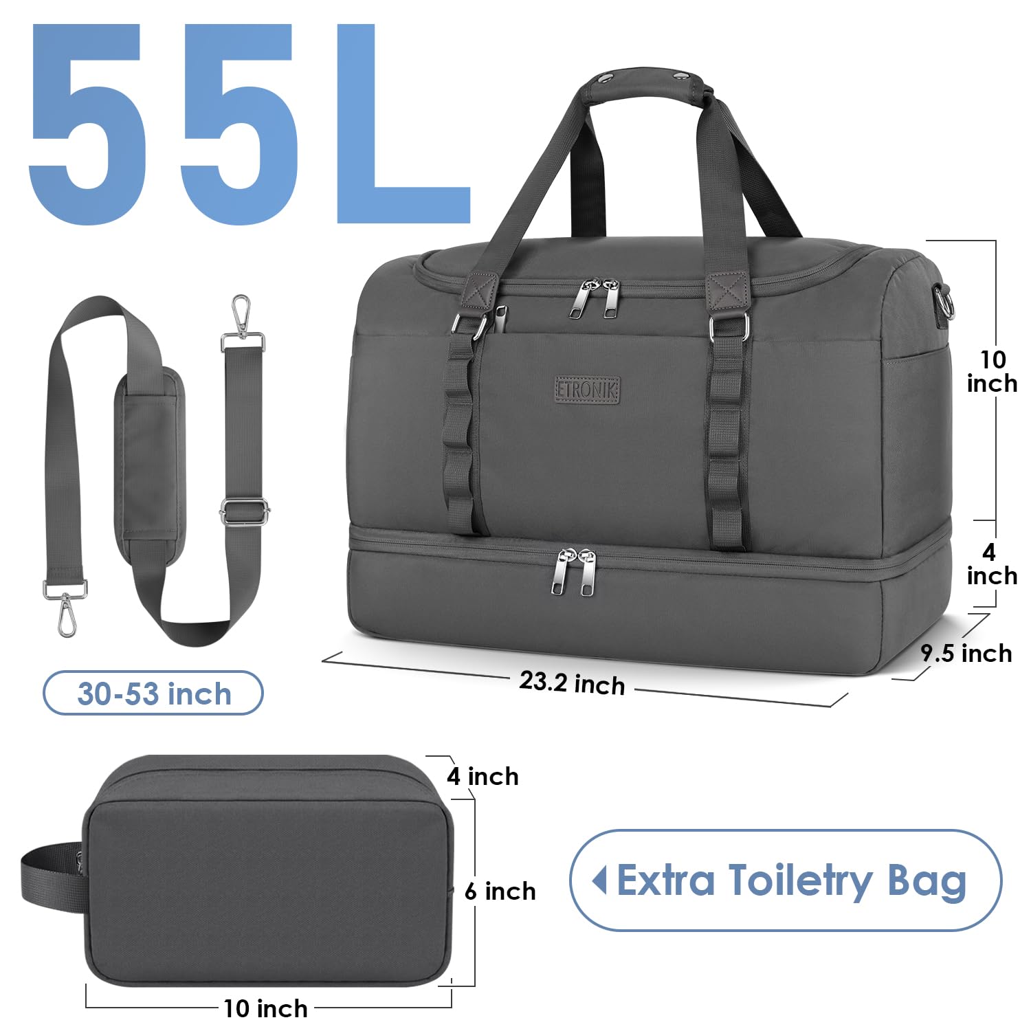 Foto 7 pulgar | Bolsa Deportiva Etronik, Bolsa De Viaje Grande Con Compartimento Para Zapatos, 55 L, Color Gris - Venta Internacional.