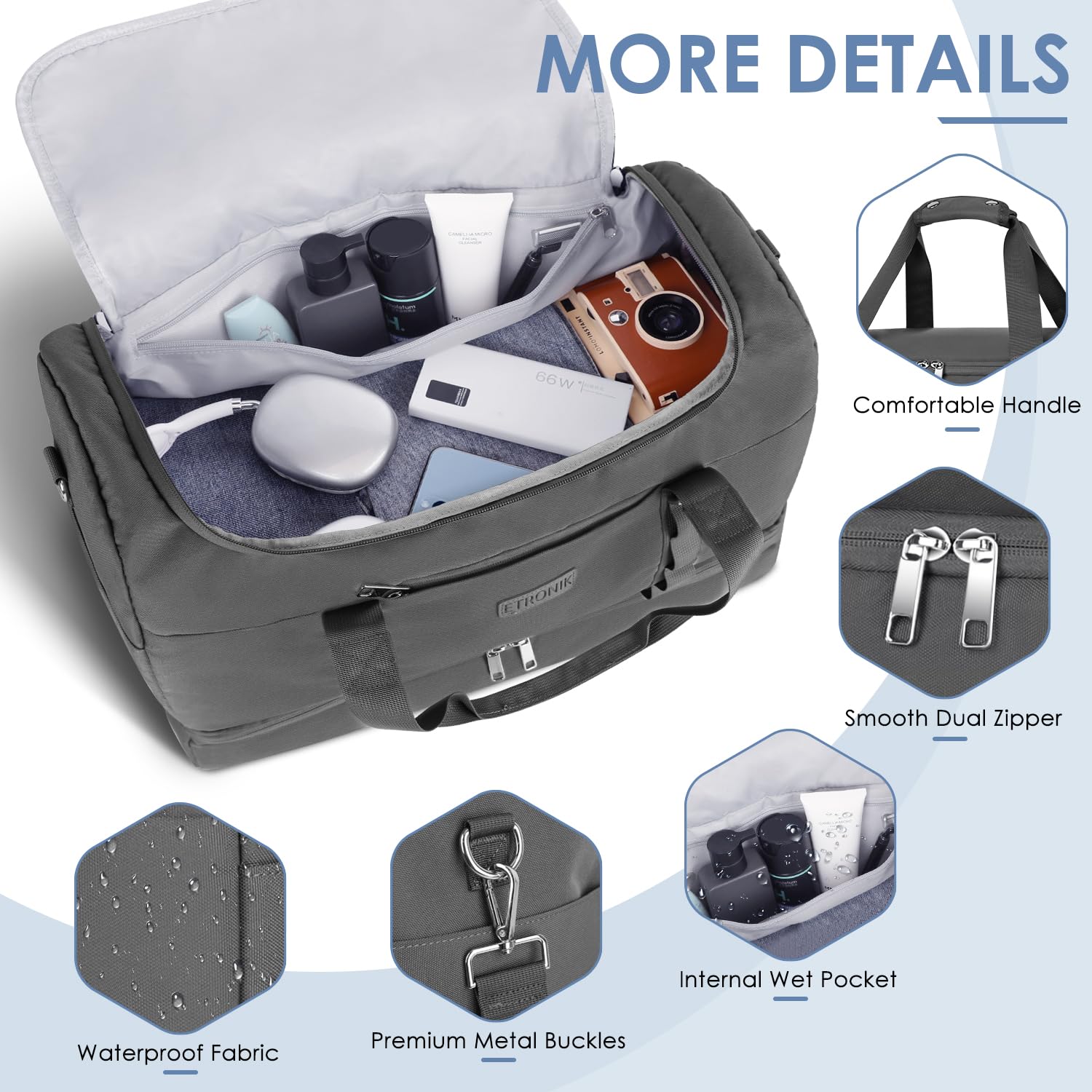 Foto 8 pulgar | Bolsa Deportiva Etronik, Bolsa De Viaje Grande Con Compartimento Para Zapatos, 55 L, Color Gris - Venta Internacional.