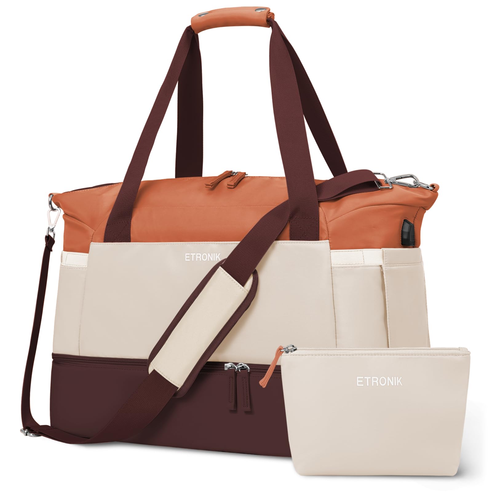 Foto 2 pulgar | Bolsa De Gimnasio Etronik Para Mujer, Bolsa De Viaje Con Puerto Usb, Color Marrón Y Caqui - Venta Internacional.
